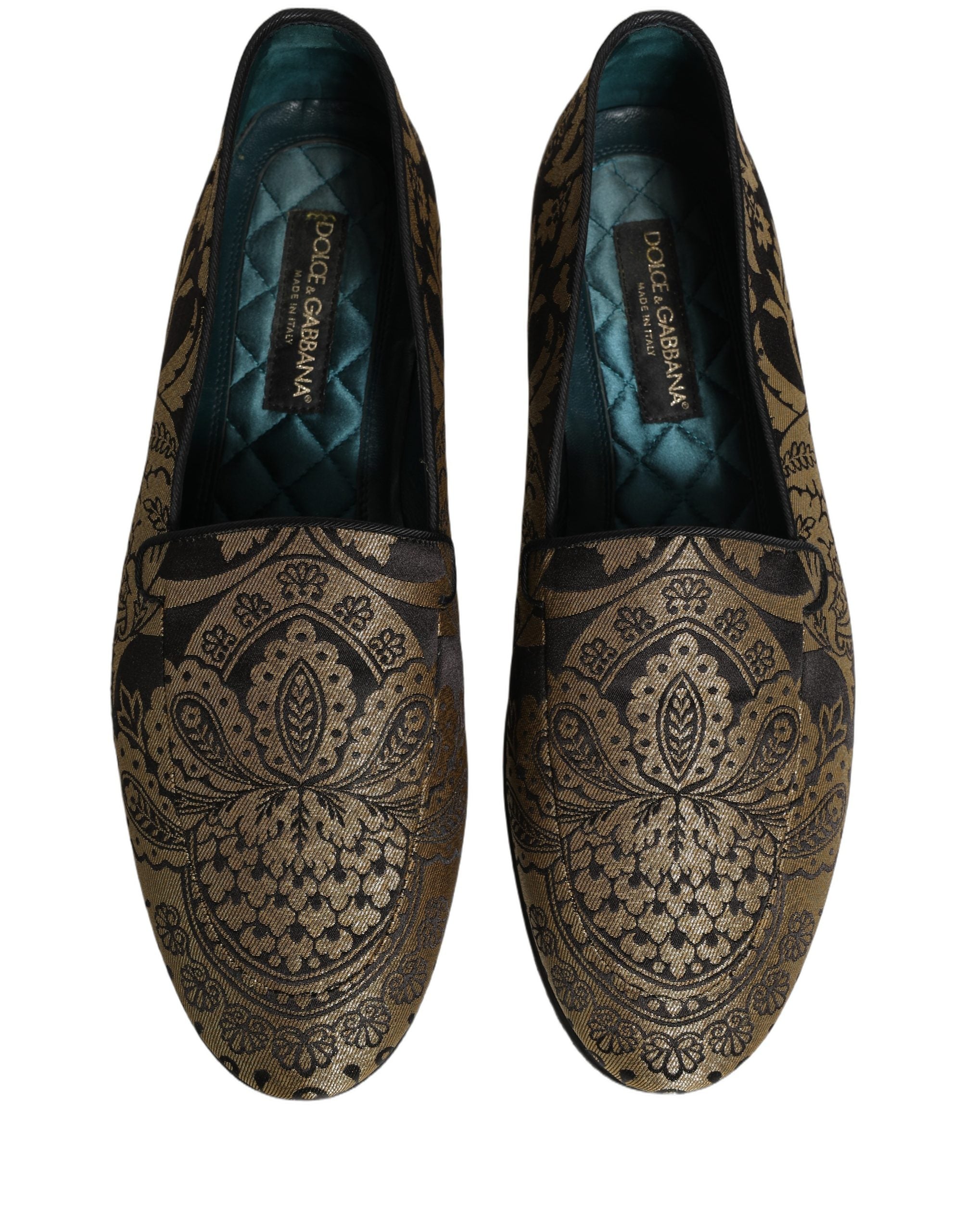 Dolce & Gabbana Gold Jacquard Leather Slip On Loafers - Luxury Elegance