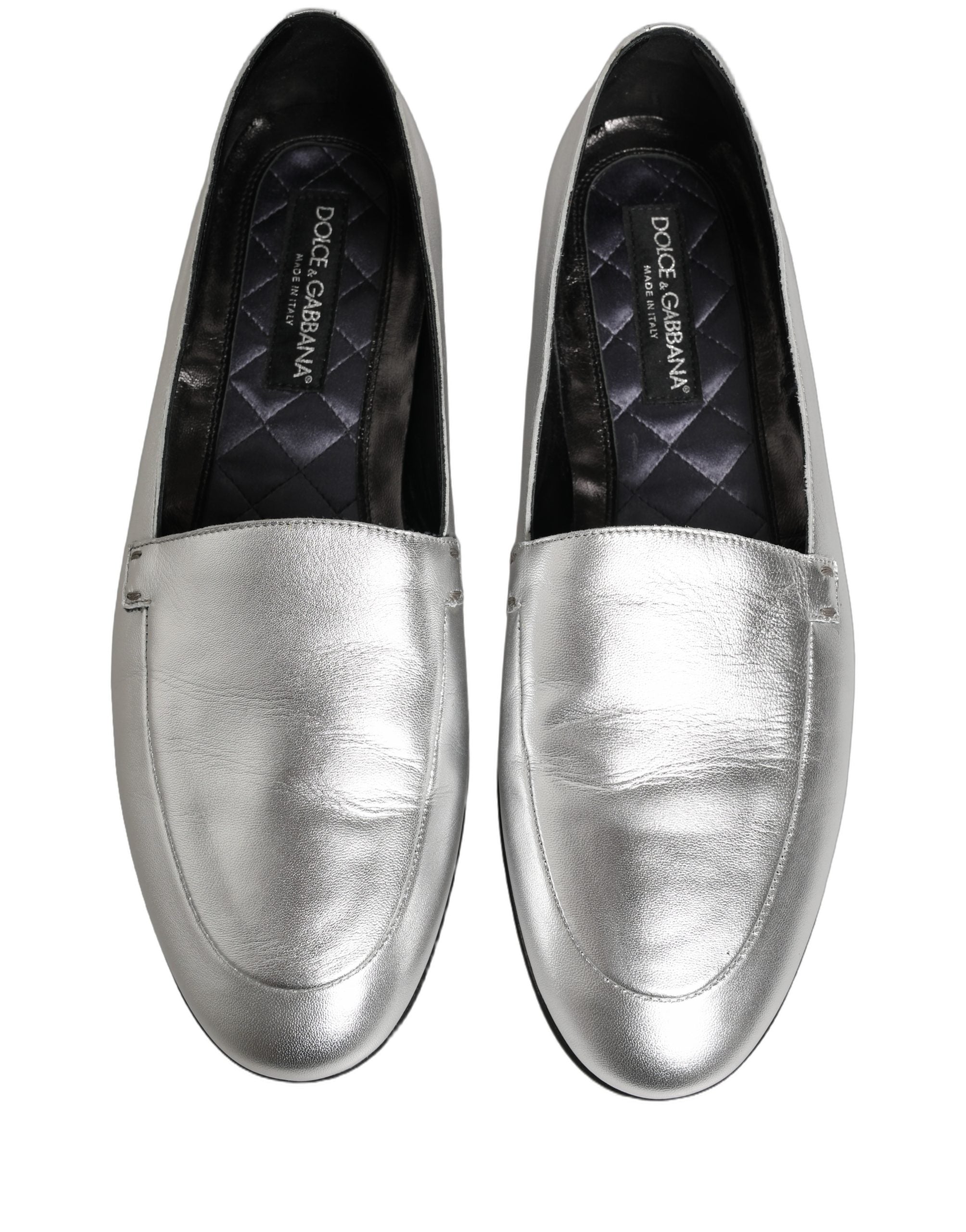 Dolce & Gabbana Silver Leather DG Logo Loafers - Luxury Footwear
