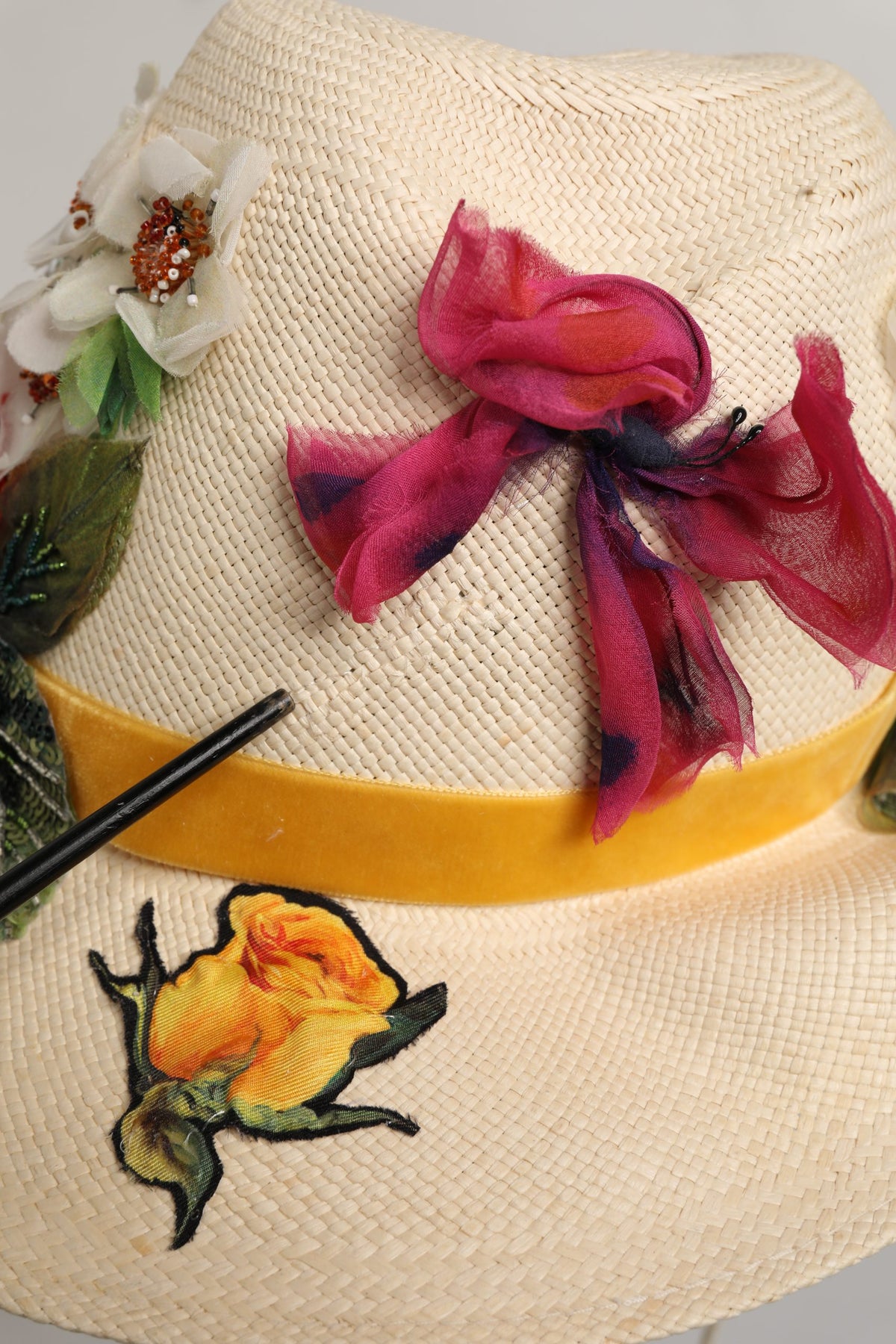 Dolce & Gabbana Beige Floral Applique Straw Bucket Hat