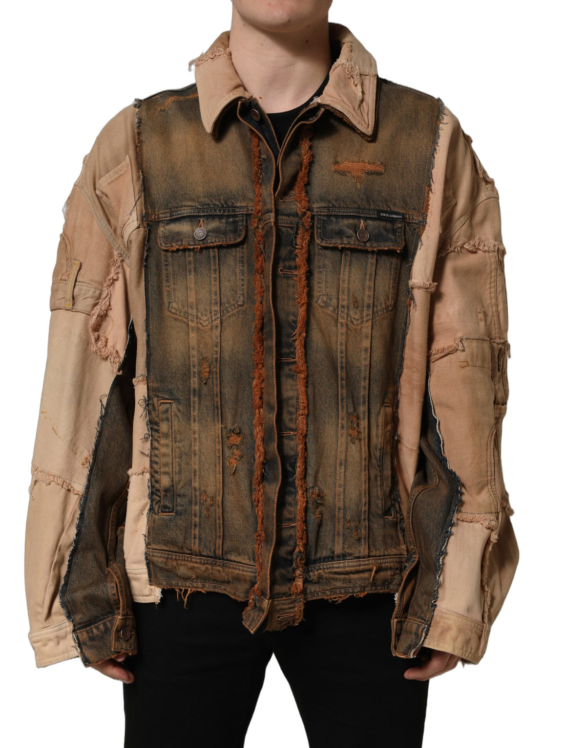 Elevate your style with the Dolce & Gabbana Multicolor Raw Cut Panelled Denim Jacket, a masterpiece of Italian craftsmanship that embodies luxury and sophistication.