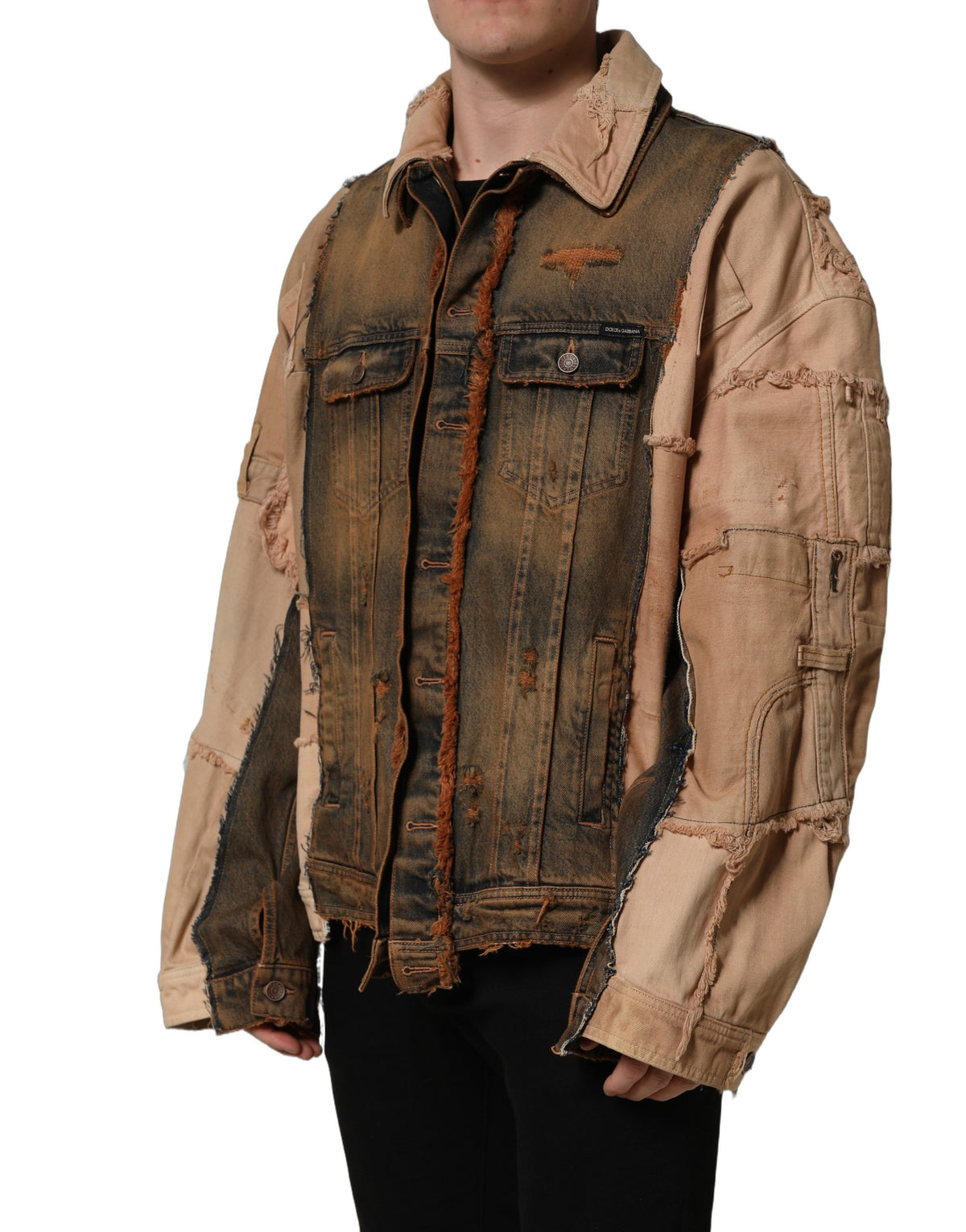 Elevate your style with the Dolce & Gabbana Multicolor Raw Cut Panelled Denim Jacket, a masterpiece of Italian craftsmanship that embodies luxury and sophistication.