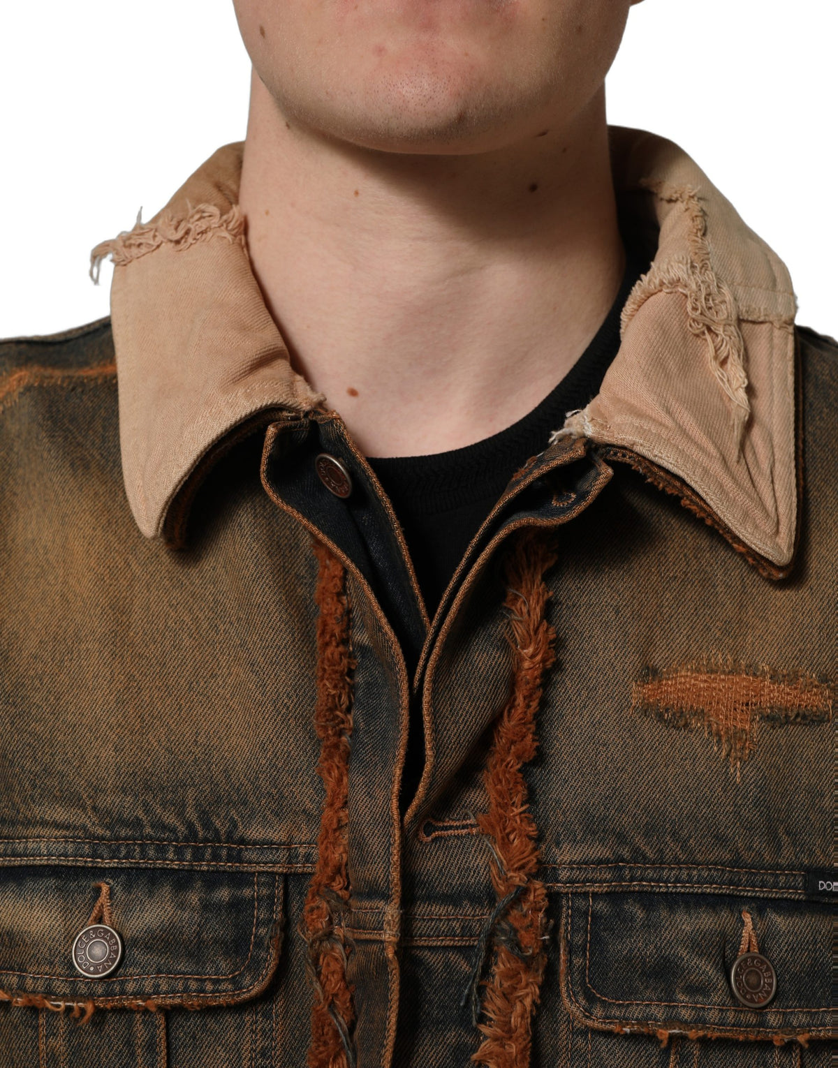 Experience the allure of the Dolce & Gabbana Multicolor Raw Cut Panelled Denim Men Jacket, where Italian craftsmanship meets avant-garde design for a statement of luxury and sophistication.