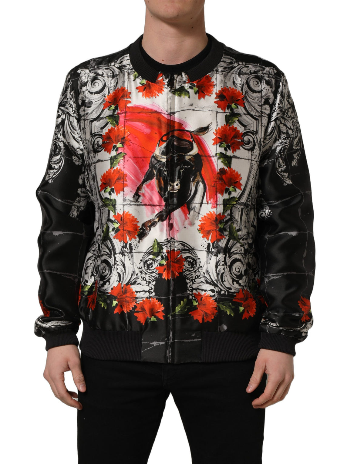 Elevate your wardrobe with the Dolce & Gabbana Multicolor Majolica Bull Print Bomber Jacket, a masterpiece of silk and Italian craftsmanship that embodies luxury and artistry.