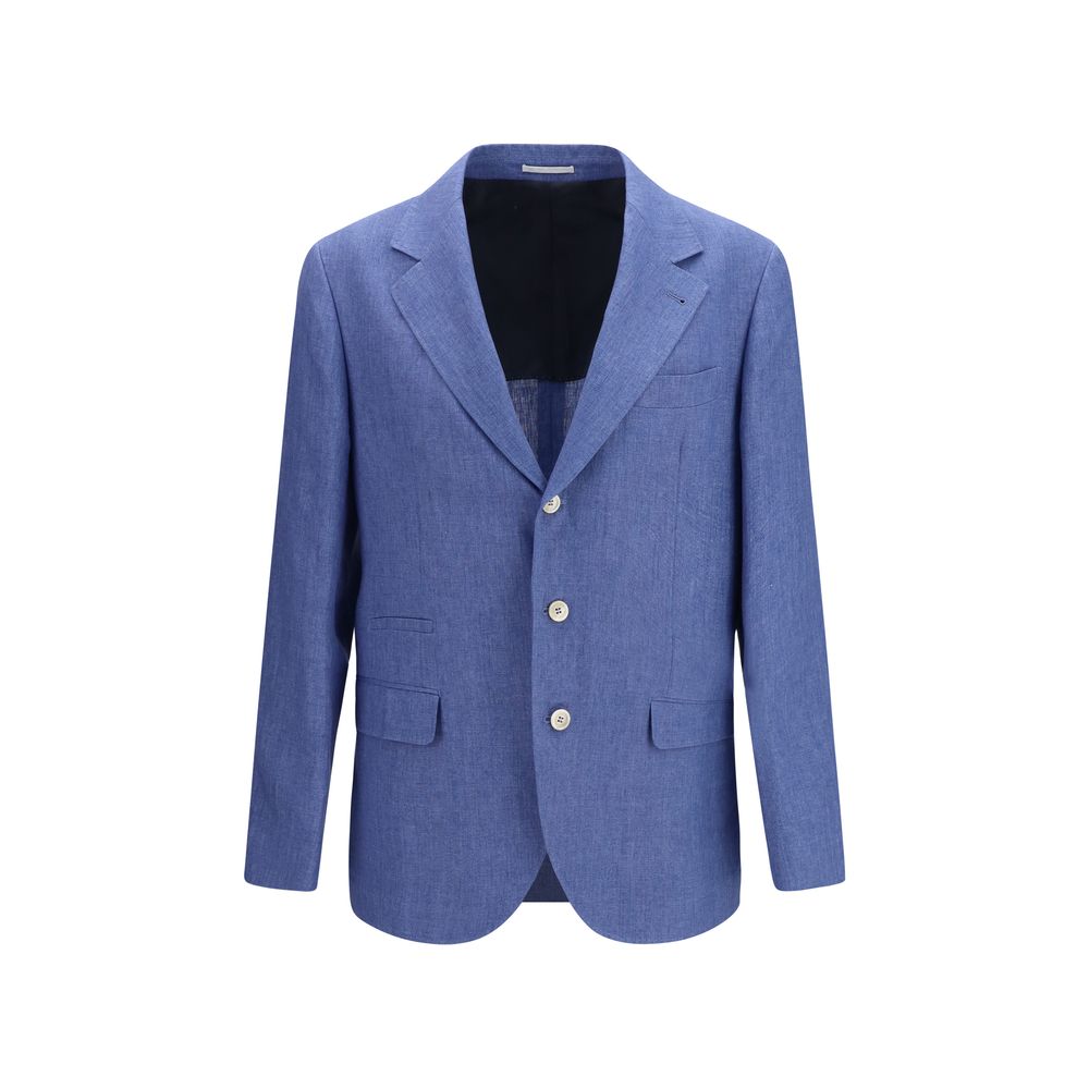 Elevate your summer wardrobe with the Brunello Cucinelli Blue Linen Full-Length Jacket, a masterpiece of Italian craftsmanship in luxurious mélange linen, perfect for sophisticated occasions.