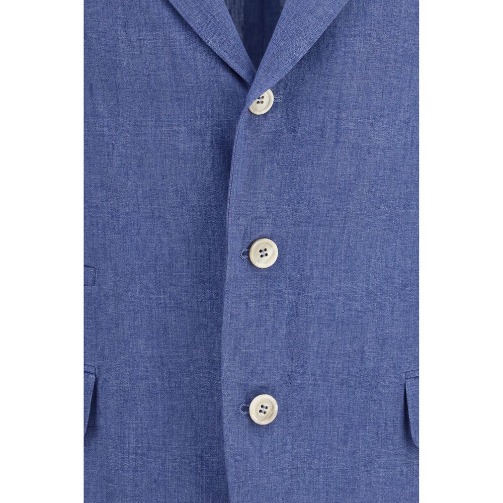 Experience the allure of the Brunello Cucinelli Blue Linen Full-Length Jacket, a masterpiece of deconstructed elegance, crafted from luxurious linen for timeless sophistication.