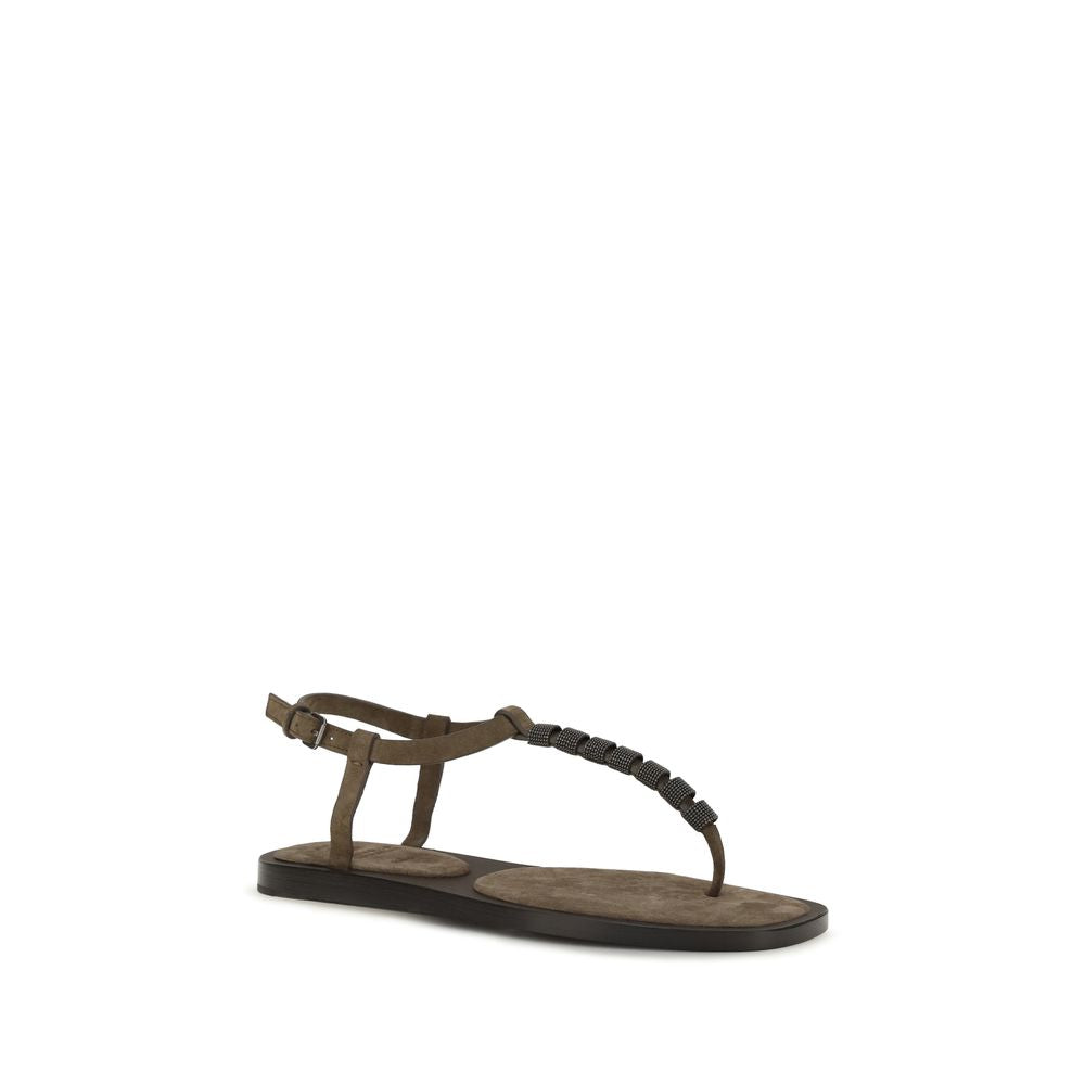 Brunello Cucinelli Brown Calf Leather Flat Sandals, Artisanal Elegance