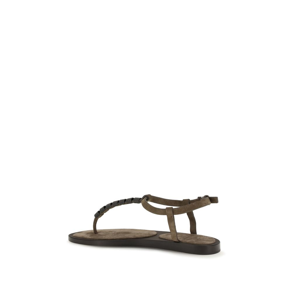Brunello Cucinelli Brown Calf Leather Flat Sandals, Artisanal