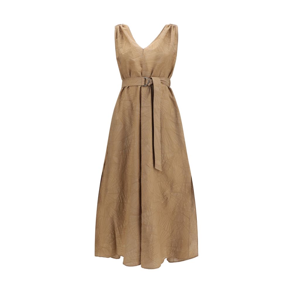 Discover the Brunello Cucinelli Beige Cotton Casual Dress, a fluid masterpiece of elegance with exquisite floral motifs and a delicate monili chain, perfect for any sophisticated occasion.