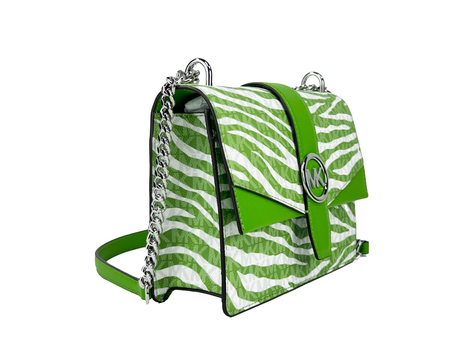 Elevate your style with the Michael Kors Greenwich Small Print Logo Crossbody Tote in Jungle Green, a masterpiece of elegance crafted from high-quality PVC, perfect for any sophisticated occasion.