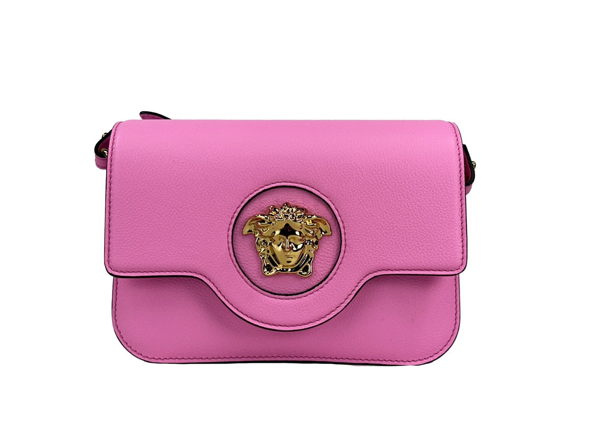 Elevate your style with the Versace La Medusa Pink Leather Shoulder Crossbody Bag, a luxurious blend of exquisite craftsmanship and timeless elegance, perfect for any occasion.