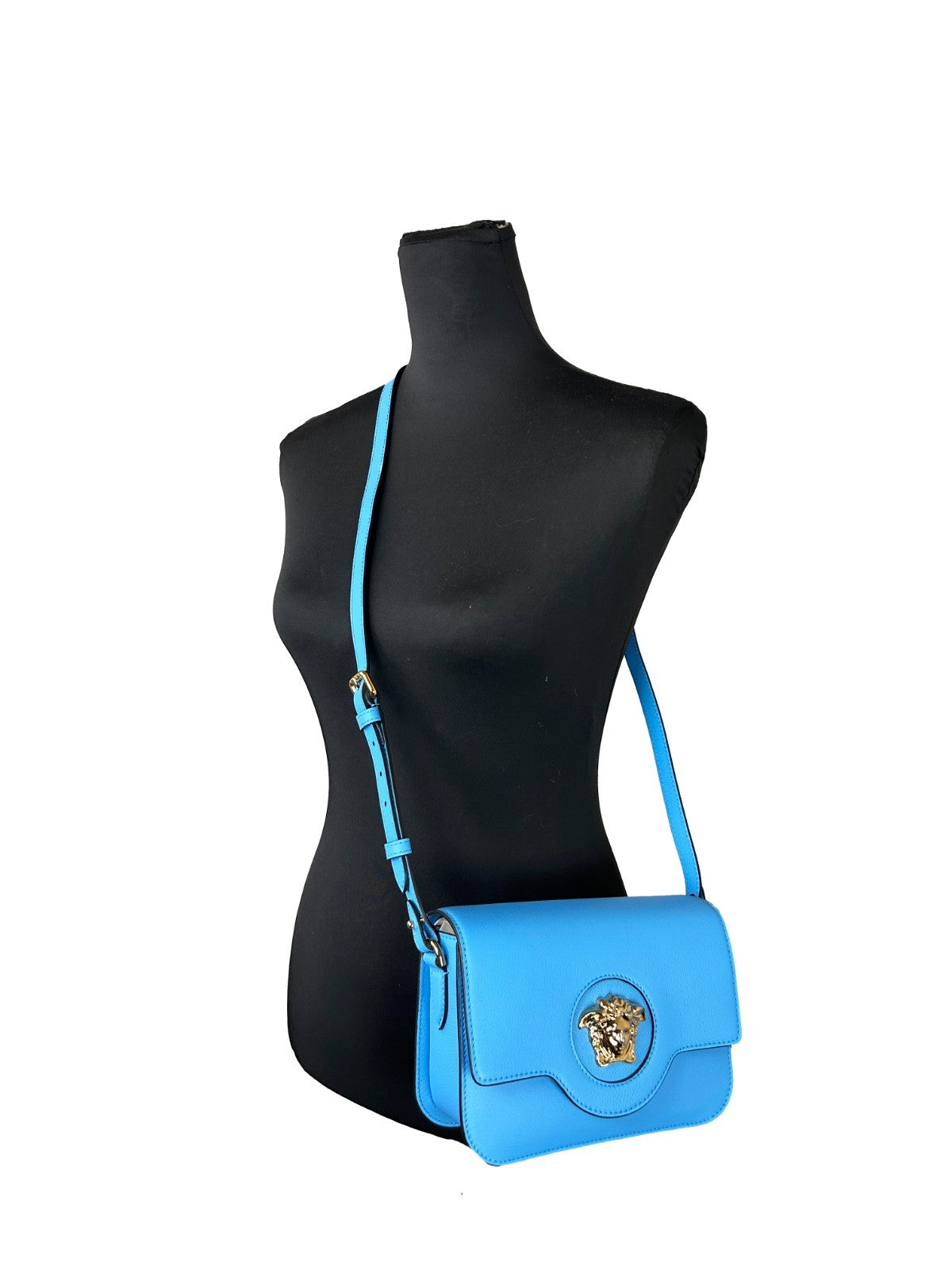 Indulge in the Versace La Medusa Blue Leather Shoulder Crossbody Bag, a masterpiece of Italian craftsmanship that elevates your style with luxurious allure and timeless elegance.