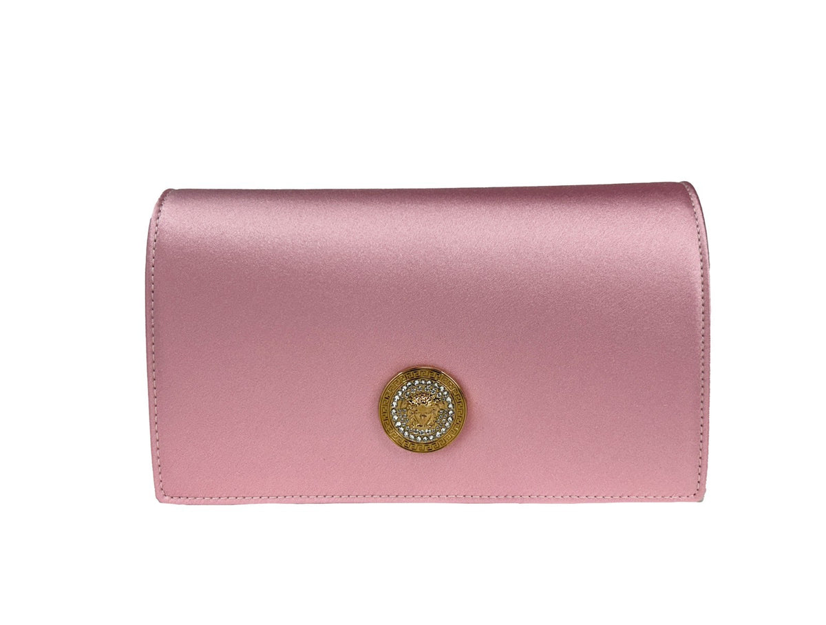 Indulge in the exquisite Versace Medusa Crystal Satin Mini Chain Crossbody Bag, a symbol of luxury and sophistication, perfect for elevating any occasion.