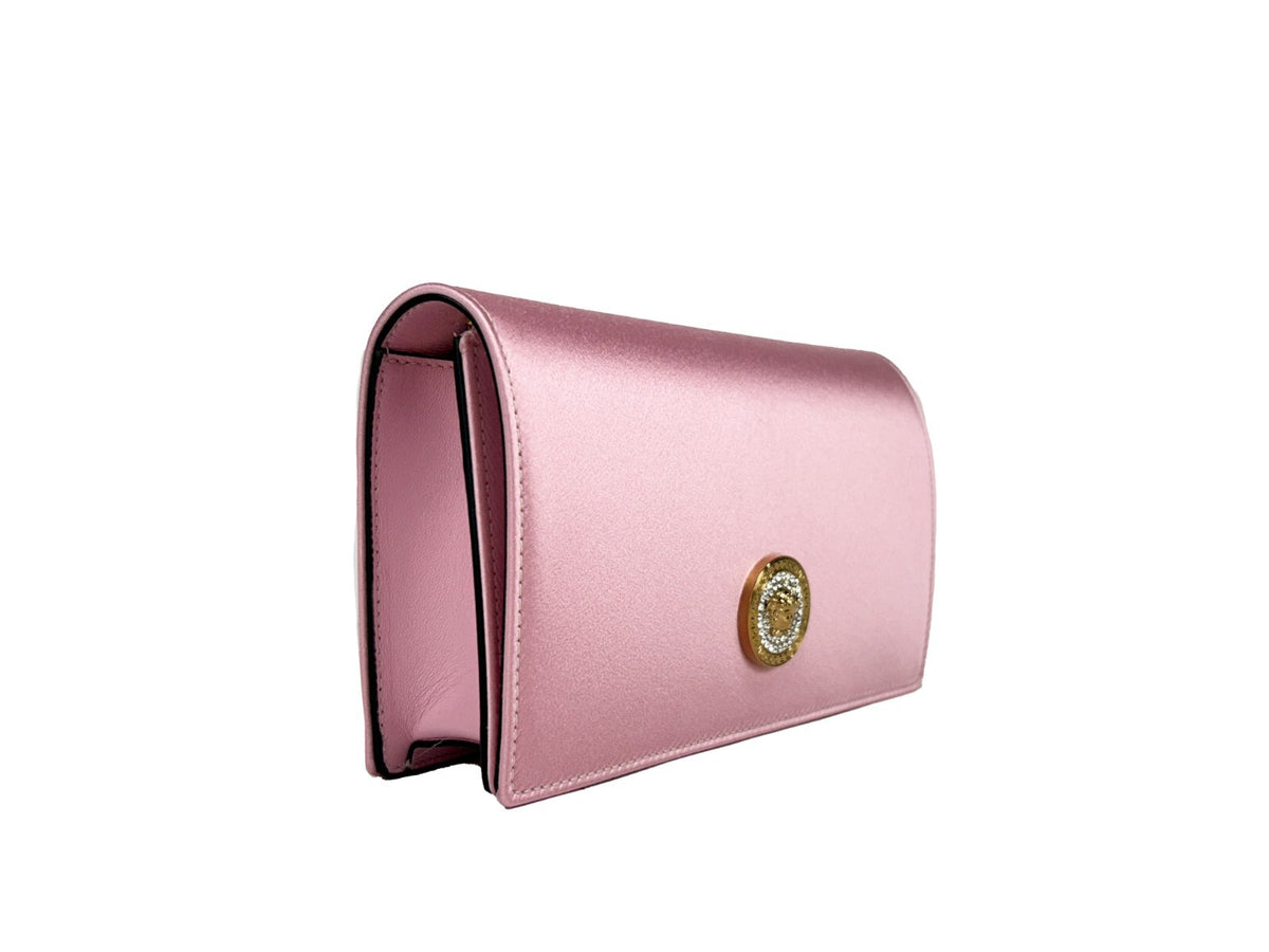 Elevate your elegance with the Versace Medusa Crystal Satin Mini Chain Crossbody Bag, a luxurious blend of exquisite satin and meticulous craftsmanship, perfect for any occasion.