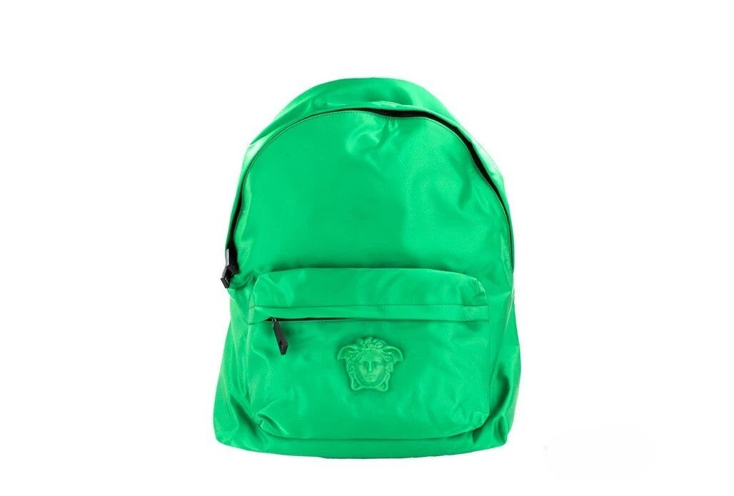 Elevate your style with the Versace Large Bright Green Nylon Fabric Medusa Shoulder Backpack, a masterpiece of luxury and functionality that embodies sophistication for the discerning individual.