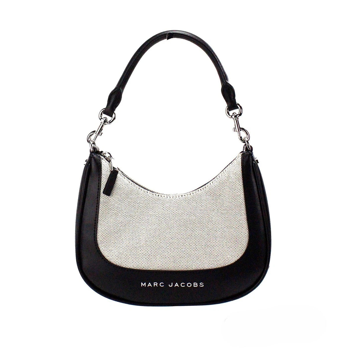 Elevate your style with the Marc Jacobs Natural Black Canvas Leather Hobo Shoulder Handbag, a fusion of elegance and functionality, perfect for the discerning modern individual.
