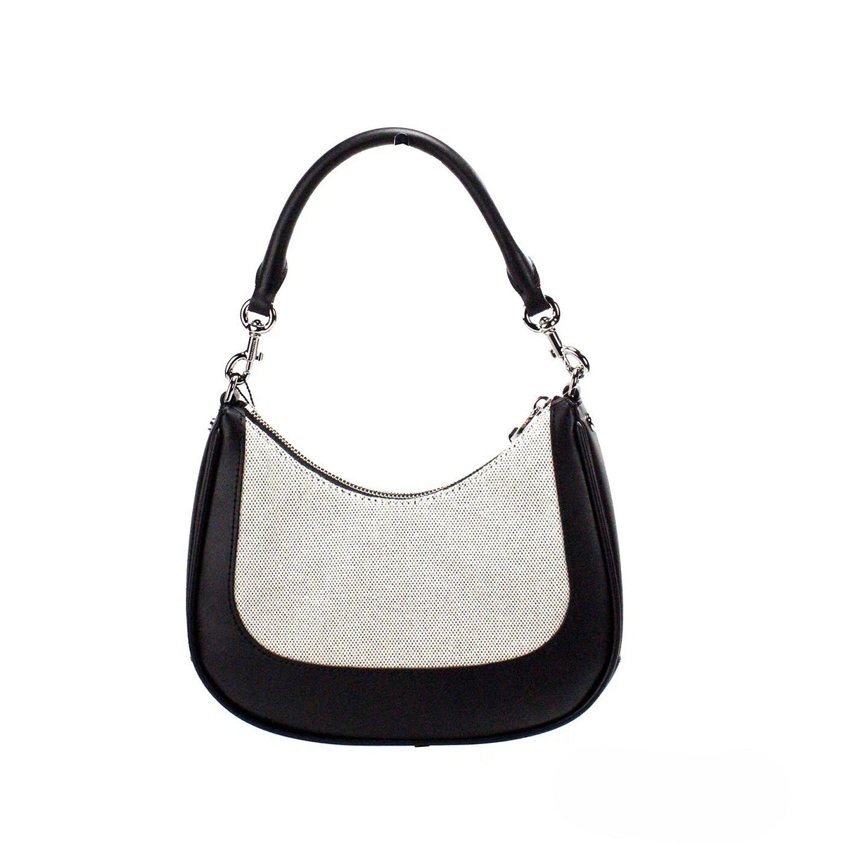 Elevate your style with the Marc Jacobs Natural Black Canvas Leather Hobo Shoulder Handbag, a blend of luxurious materials and sophisticated design, perfect for any occasion.