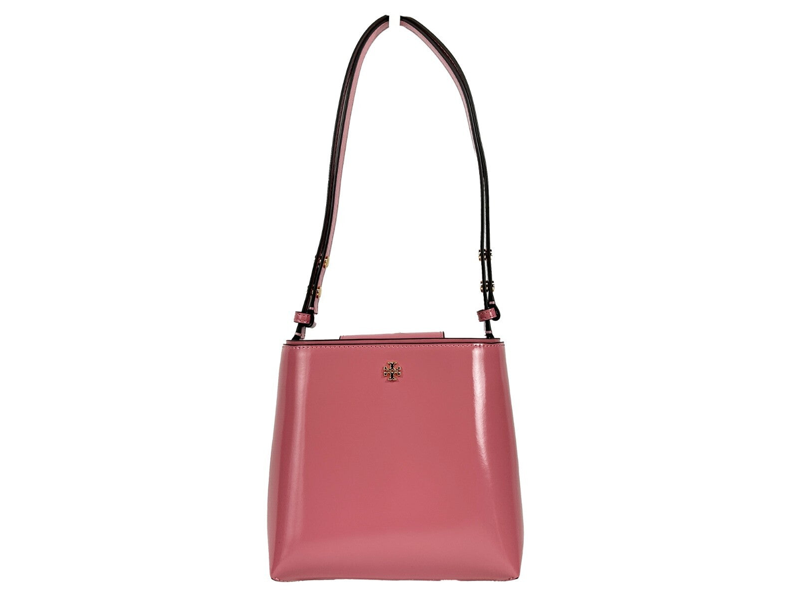 Indulge in the Tory Burch Patent Emerson Small Bucket Bag, a luxurious blend of exquisite patent leather and gold-tone accents, perfect for elevating any occasion.