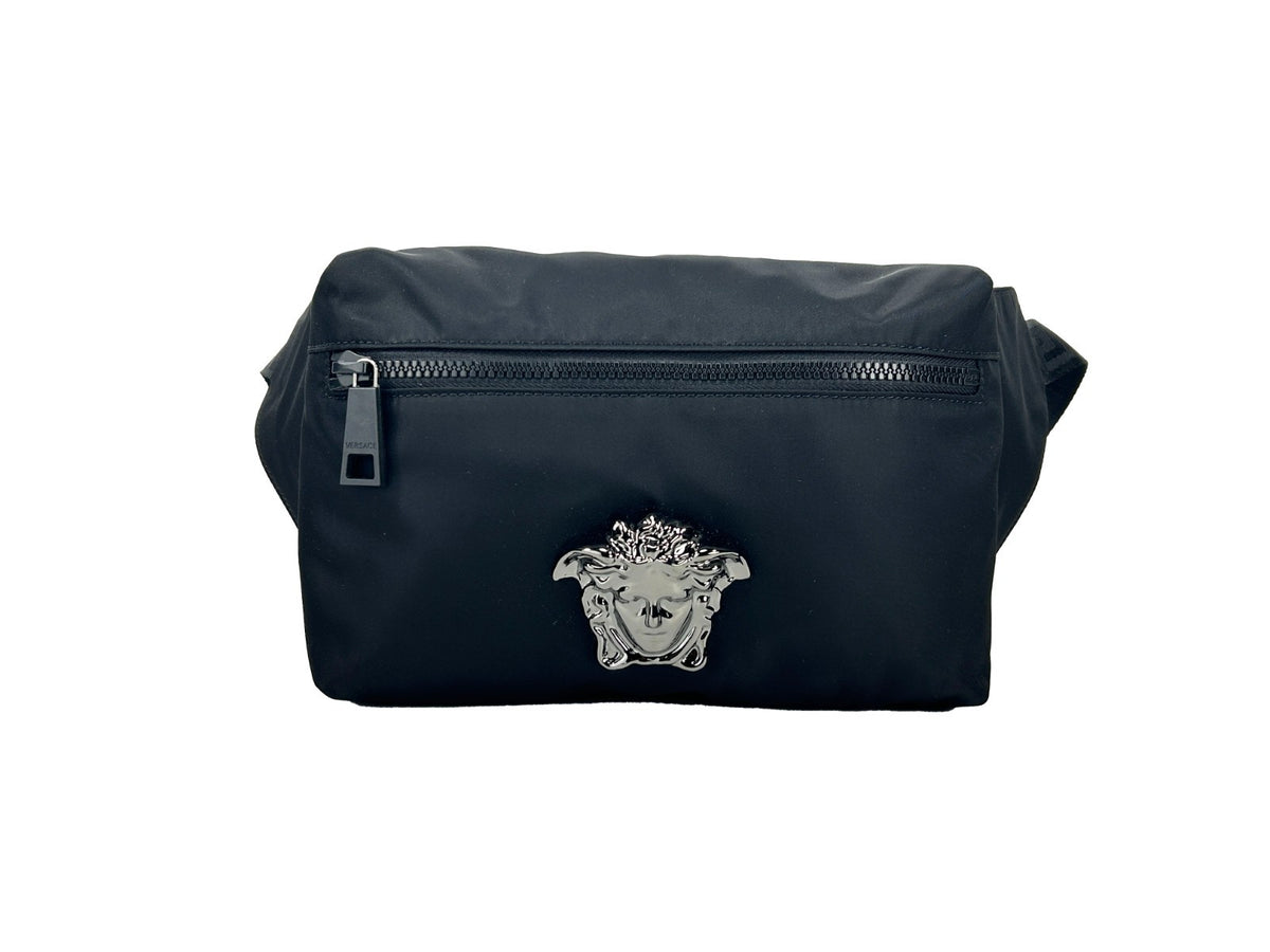 Elevate your style with the Versace Medusa Black Nylon Belt Bag, a fusion of exquisite Italian craftsmanship and luxurious design, perfect for any occasion.