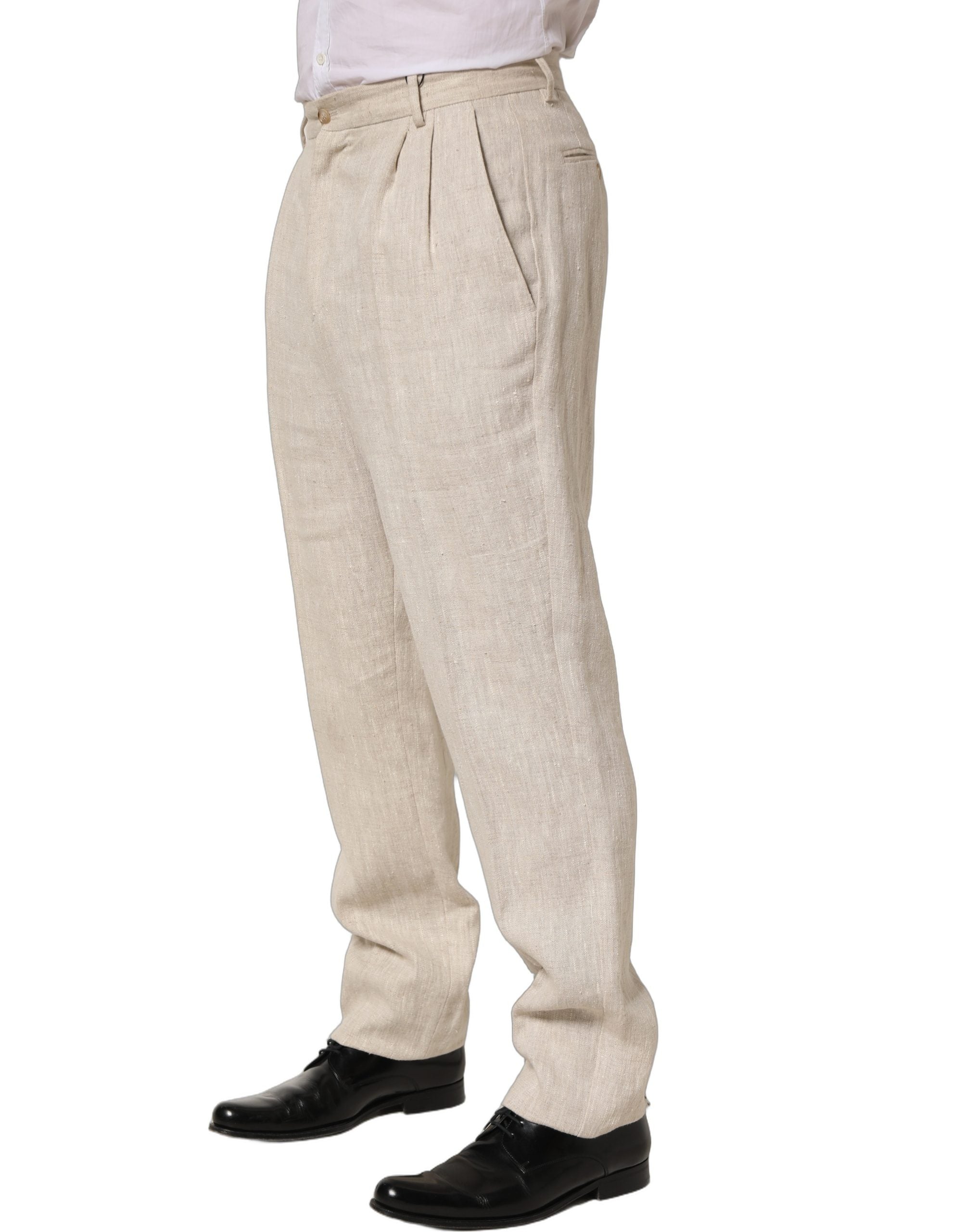 Dolce & Gabbana Beige Linen Tapered Dress Pants, Artisanal Elegance