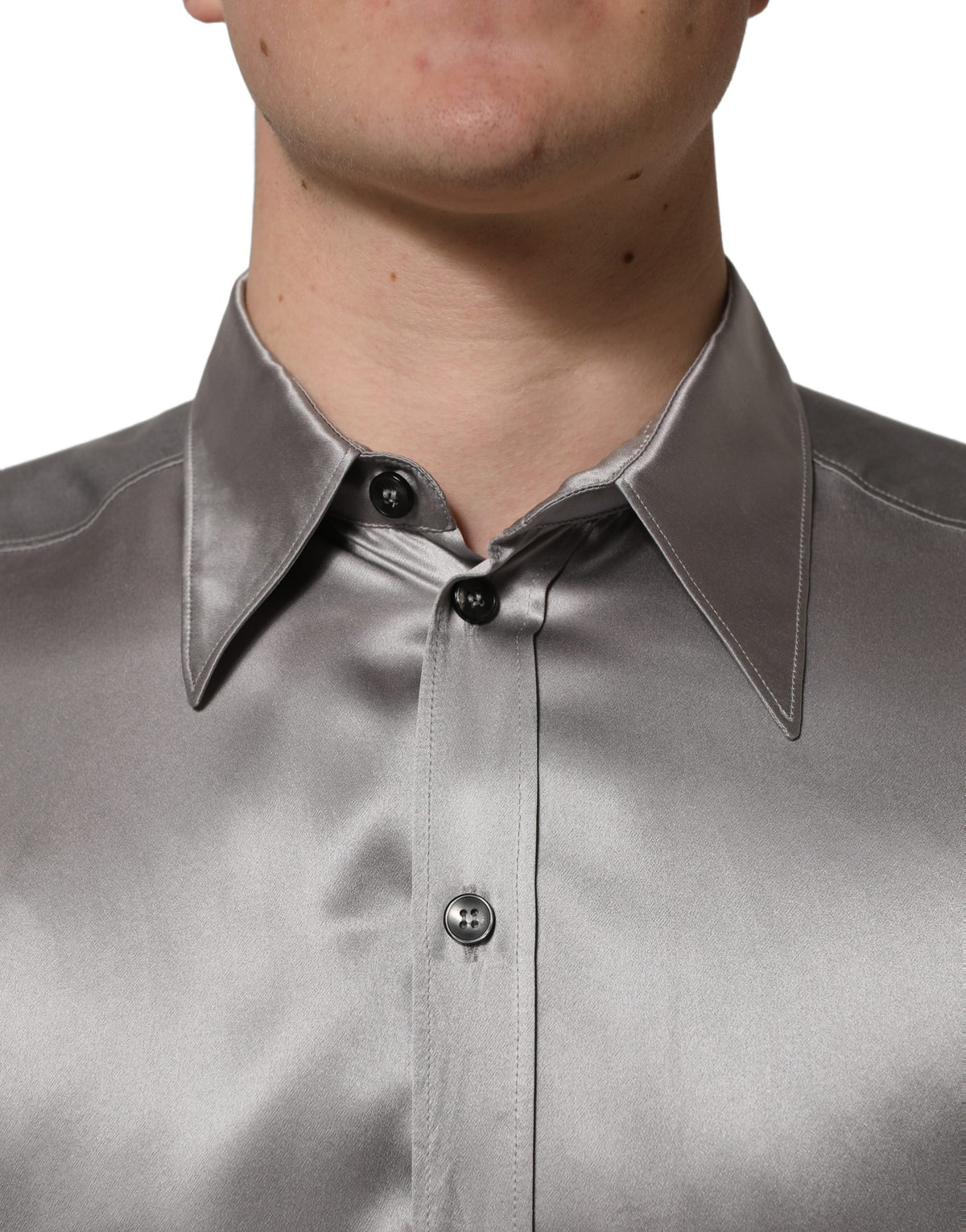 Dolce & Gabbana Metallic Grey Satin Silk Dress Shirt, Luxe Elegance