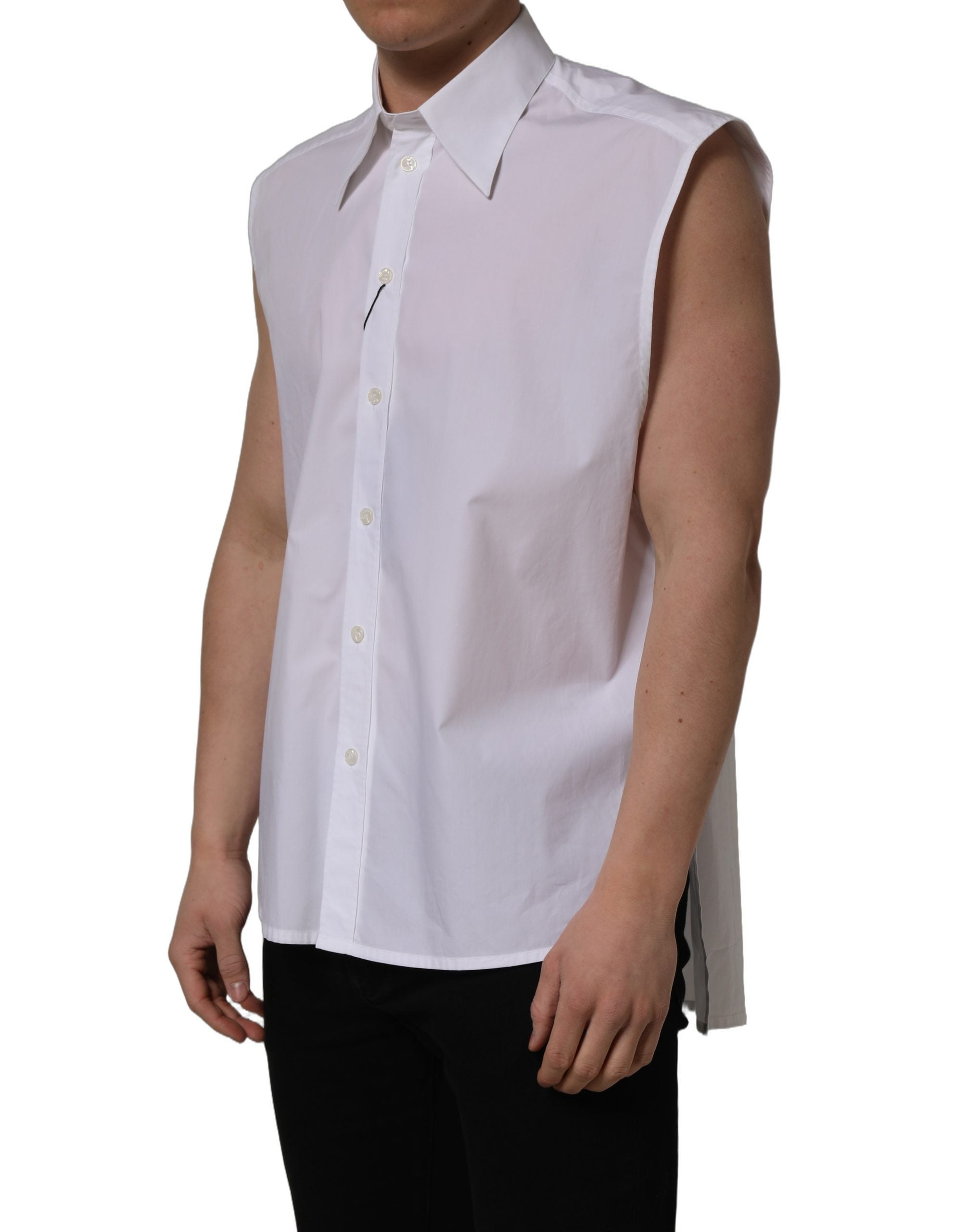 Dolce & Gabbana White Cotton Sleeveless Dress Shirt - Luxury Elegance