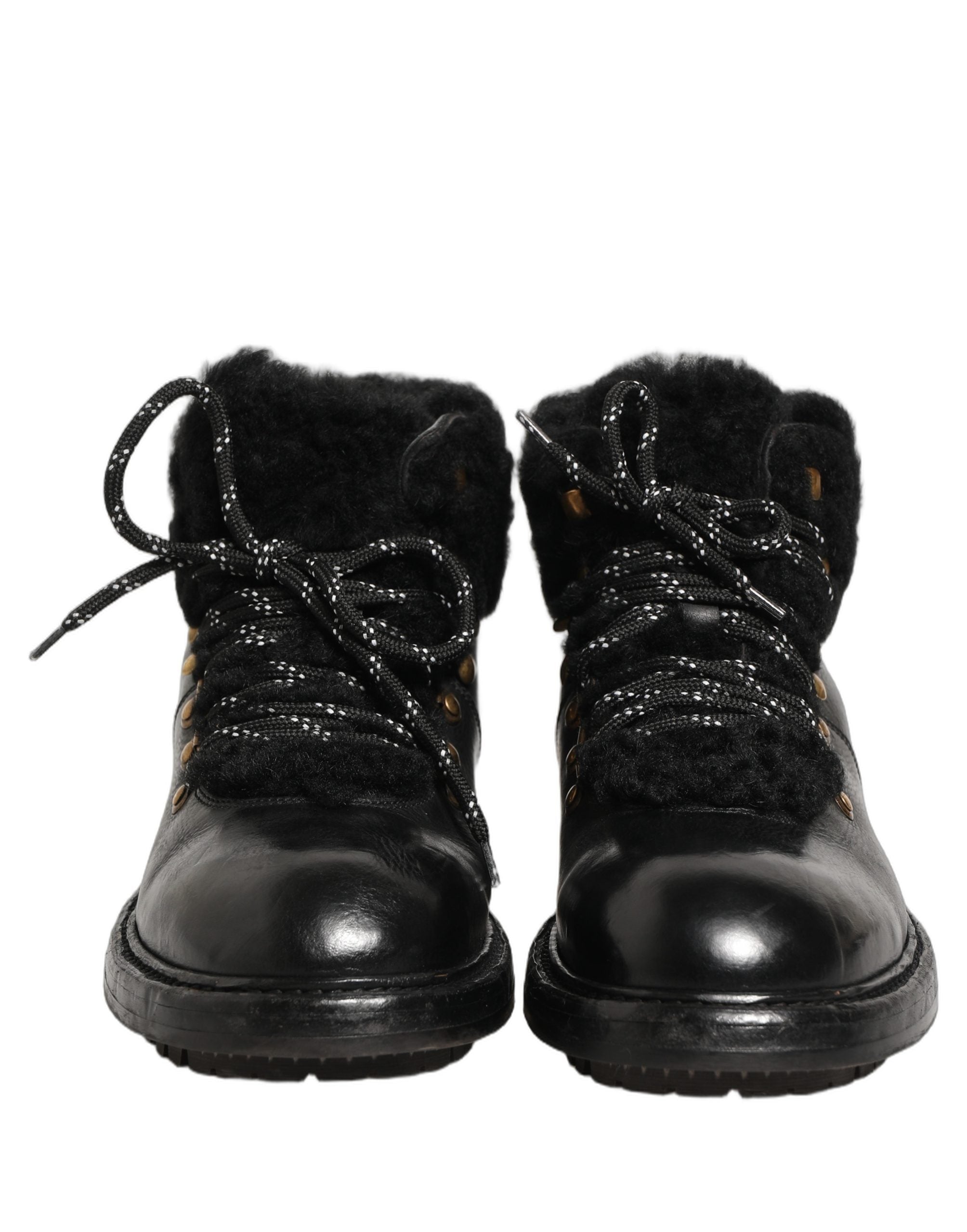 Dolce & Gabbana Black Trekking Fur Lace Leather Boots - Luxury Footwear