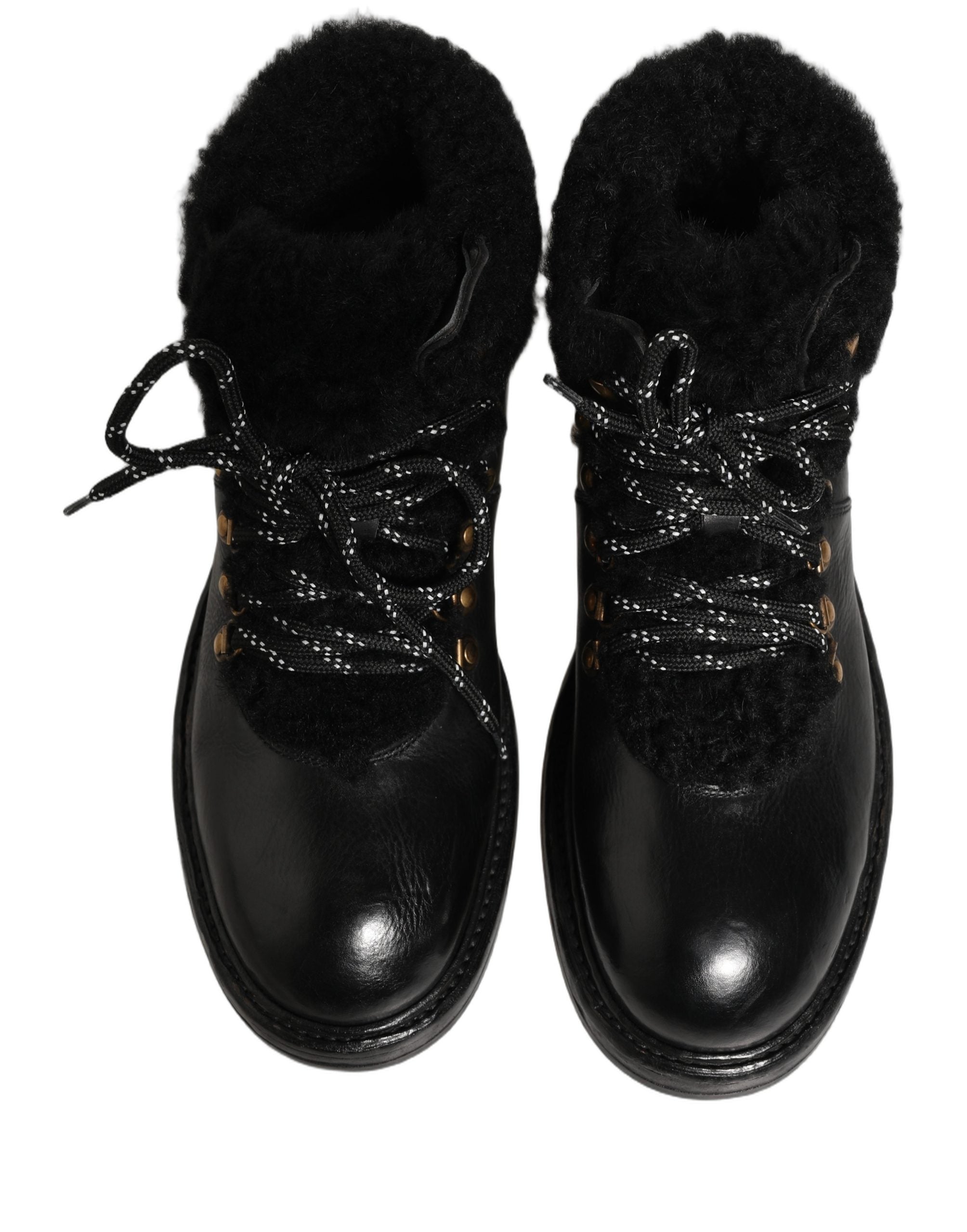 Dolce & Gabbana Black Trekking Fur Lace Leather Boots - Luxury Footwear