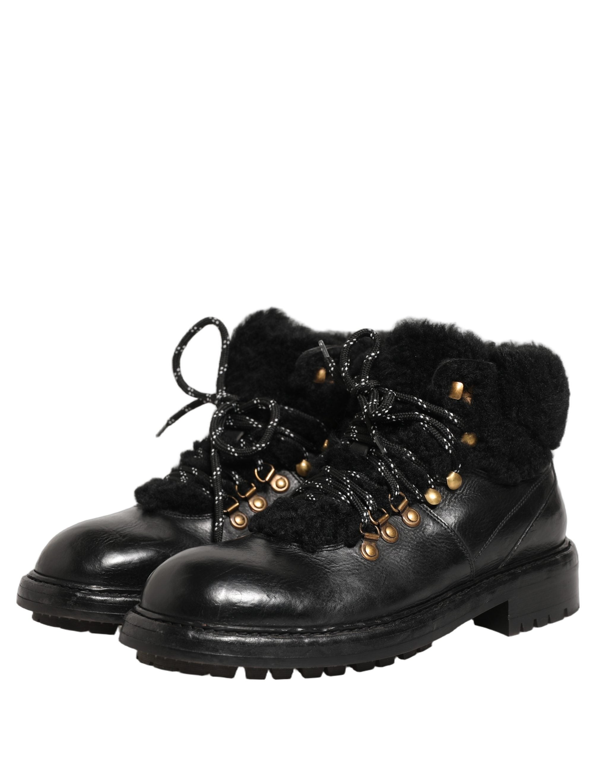 Dolce & Gabbana Black Trekking Fur Lace Leather Boots - Luxury Footwear