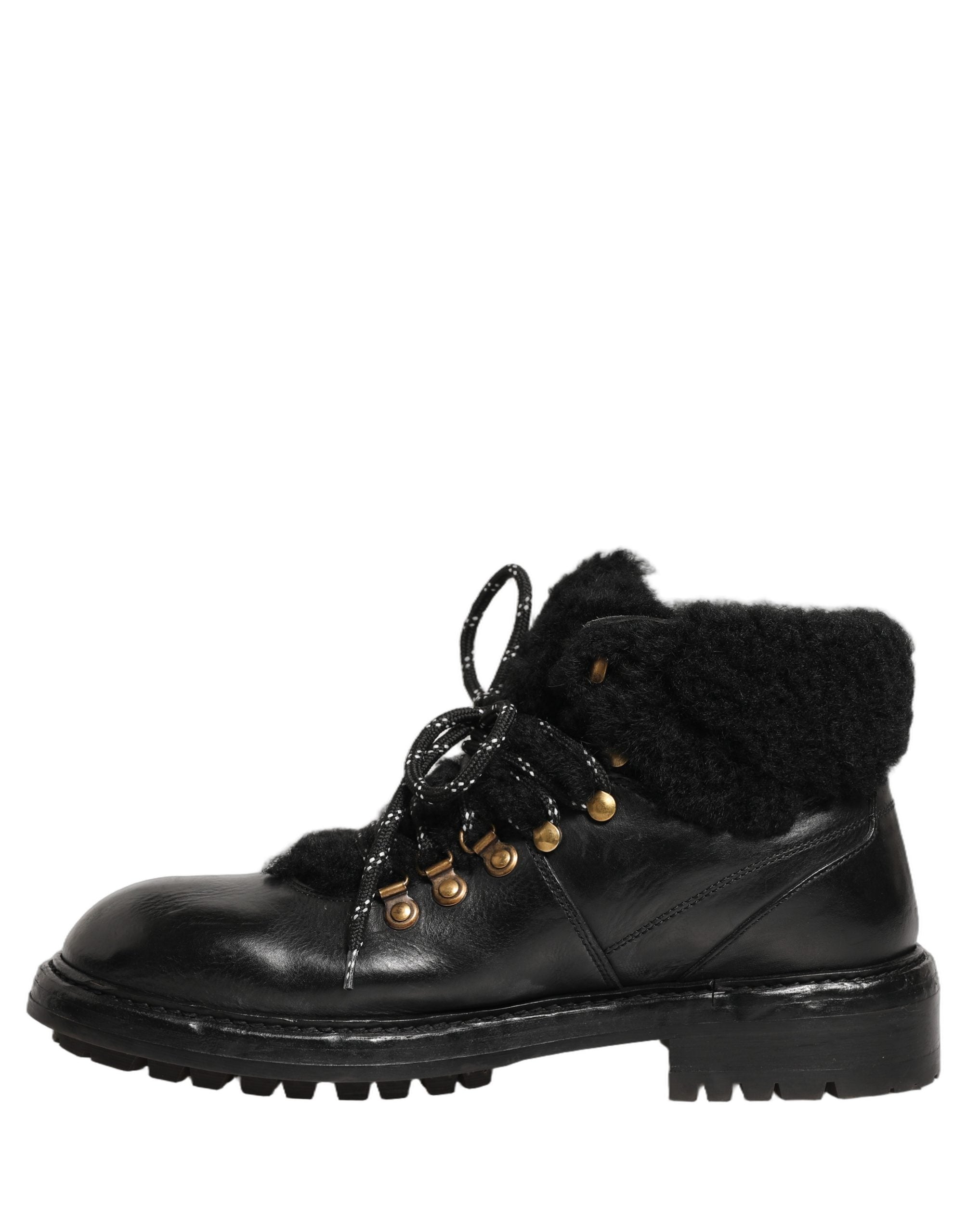 Dolce & Gabbana Black Trekking Fur Lace Leather Boots - Luxury Footwear