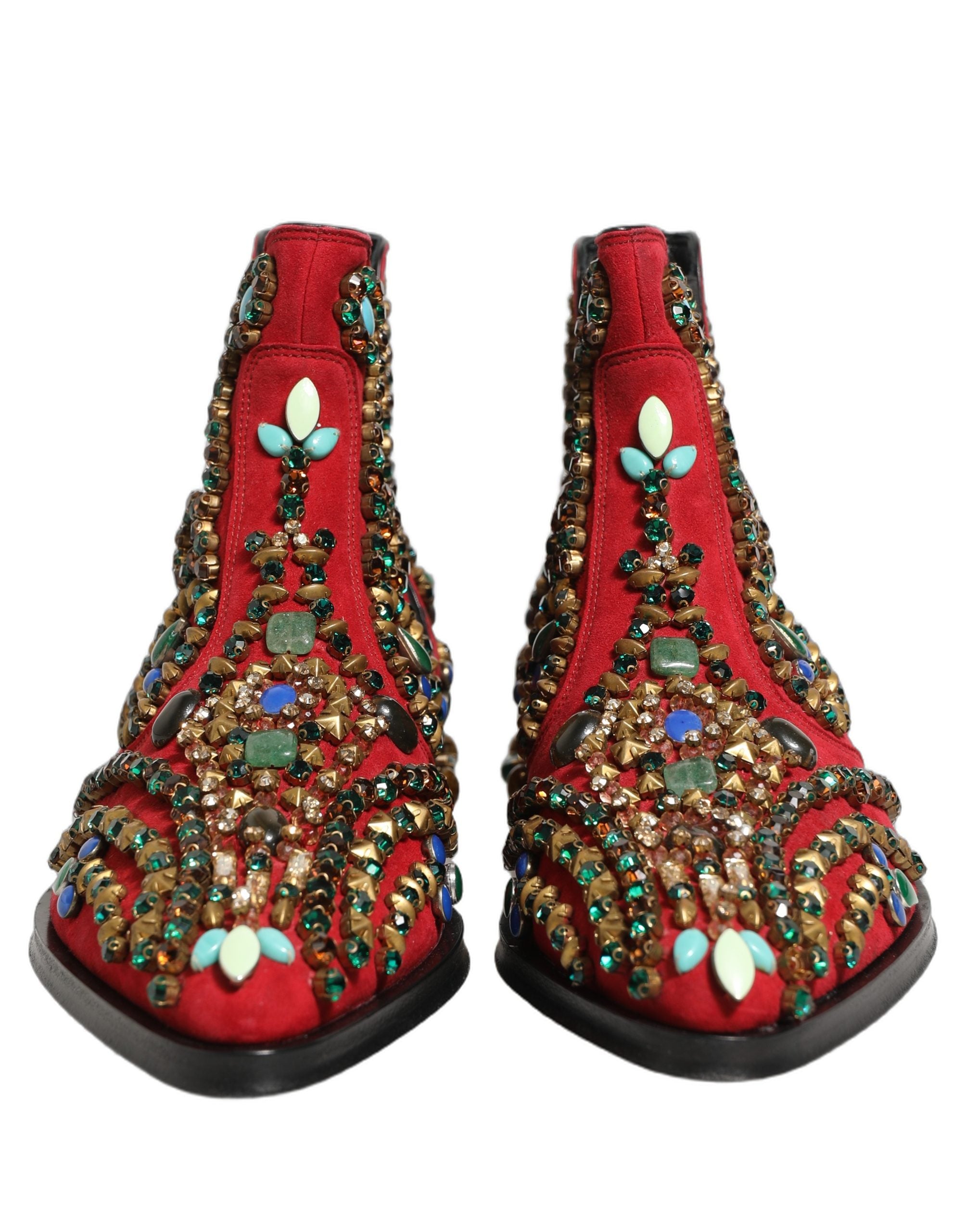 Dolce & Gabbana Red Embellished Chelsea Ankle Boots - Luxury Fashion