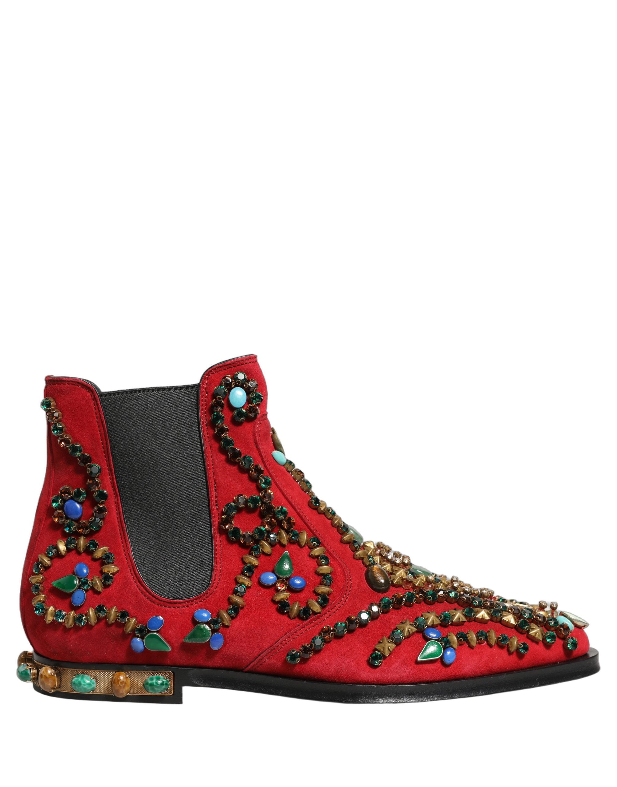 Dolce & Gabbana Red Embellished Chelsea Ankle Boots Luxury