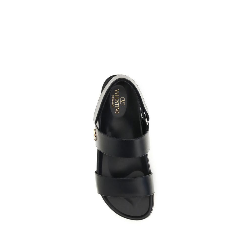 Valentino Garavani Black Calf Leather Flat Sandals for Elegance