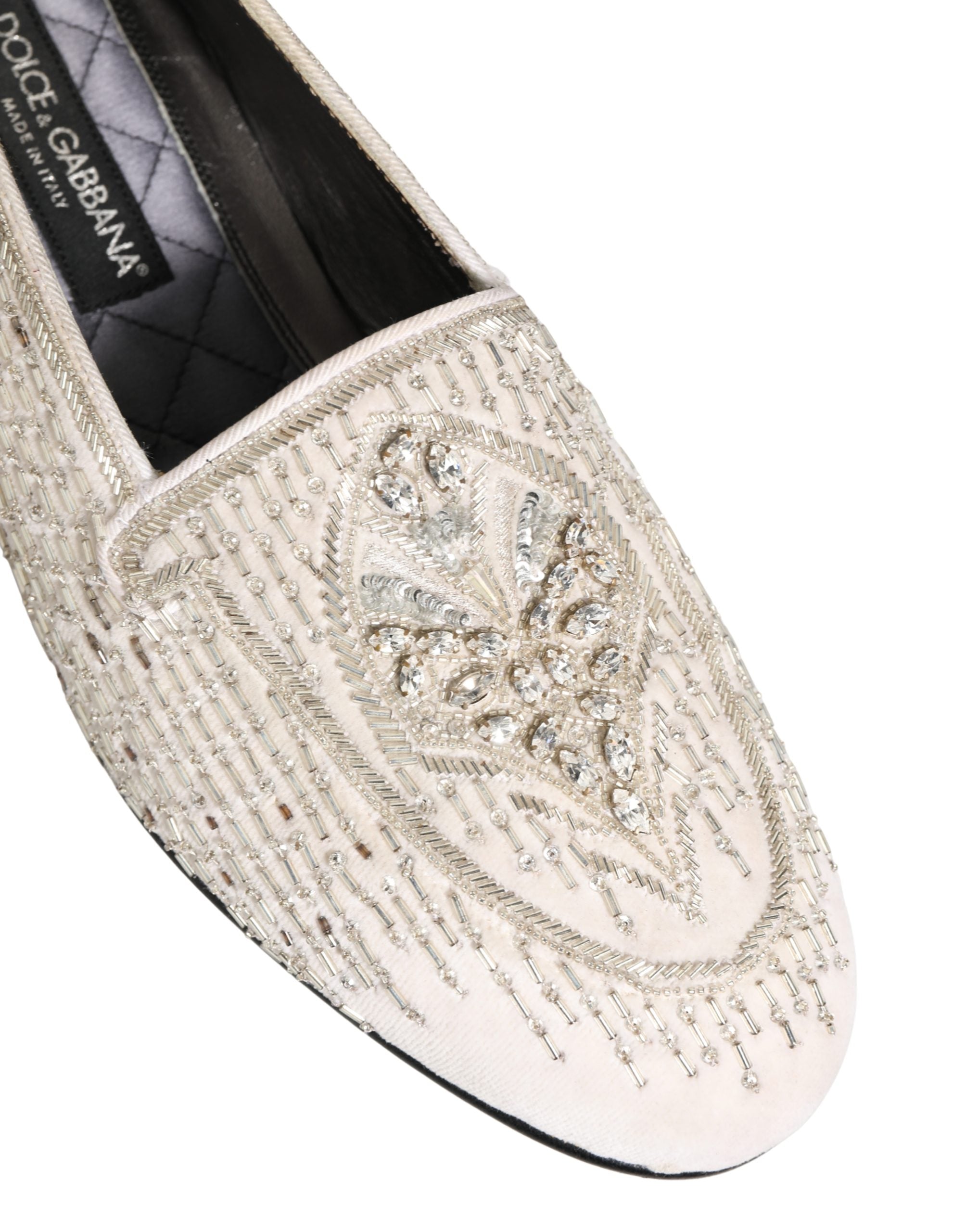 Dolce & Gabbana White Satin Embellished Dress Loafers Luxury