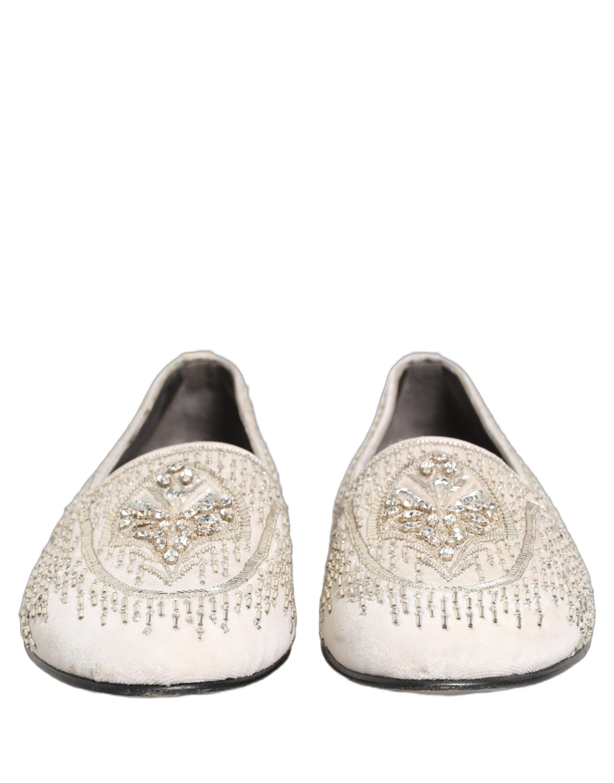 Dolce & Gabbana White Satin Embellished Loafers - Exquisite Luxury