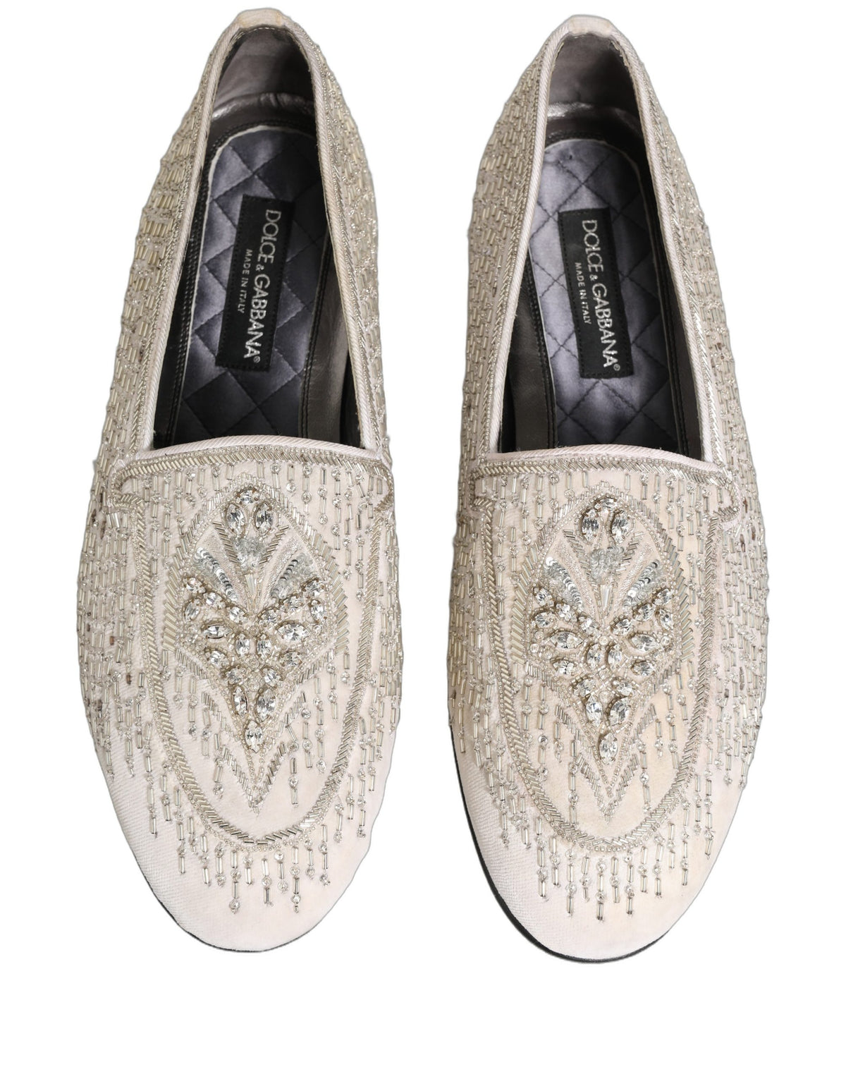 Dolce & Gabbana White Satin Embellished Loafers - Exquisite Luxury