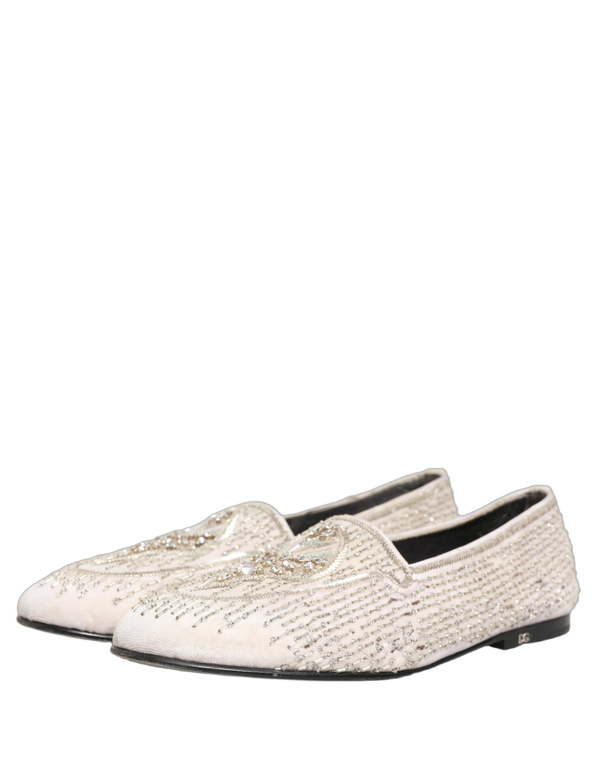 Dolce & Gabbana White Satin Embellished Dress Loafers Luxury
