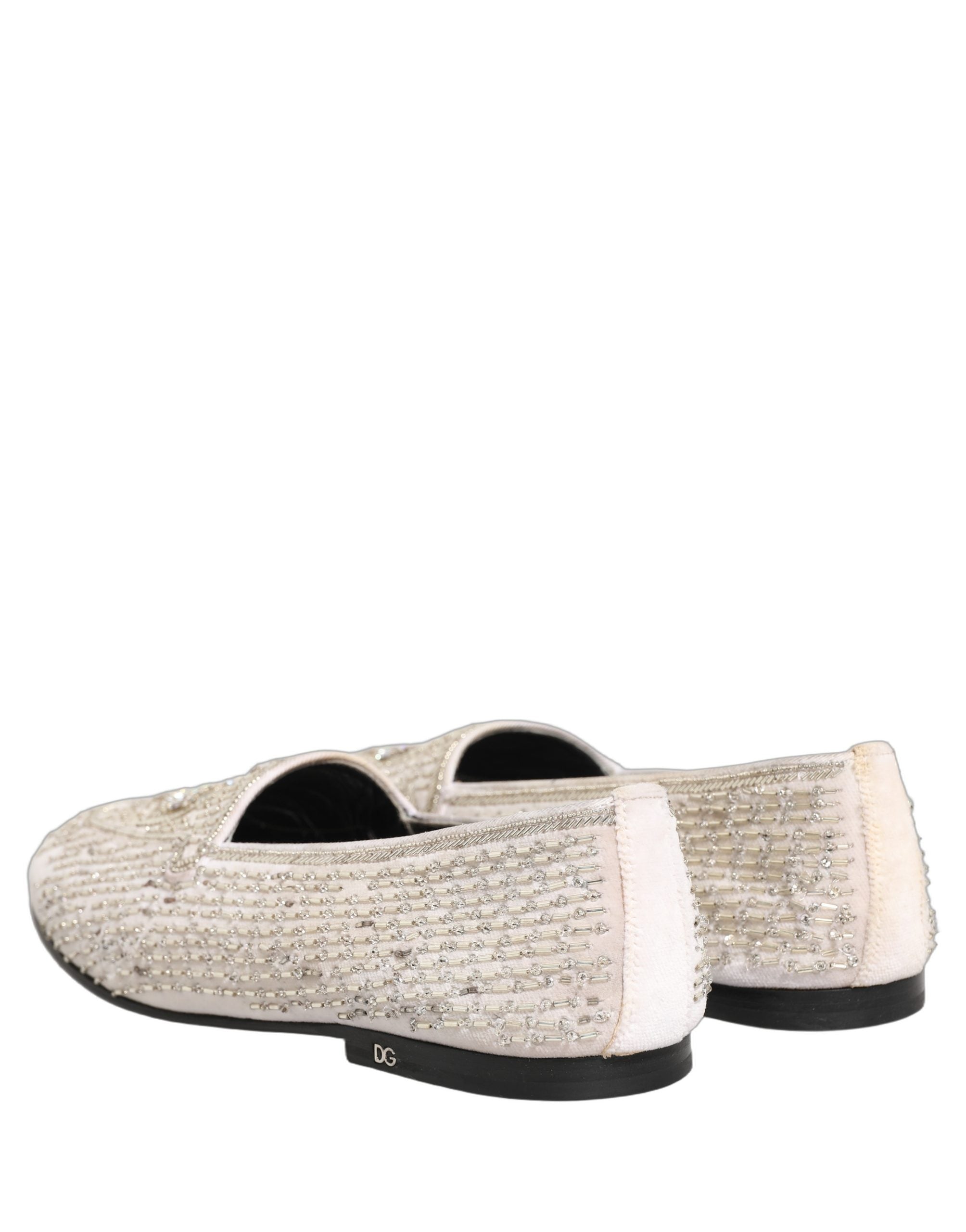 Dolce & Gabbana White Satin Embellished Dress Loafers Luxury