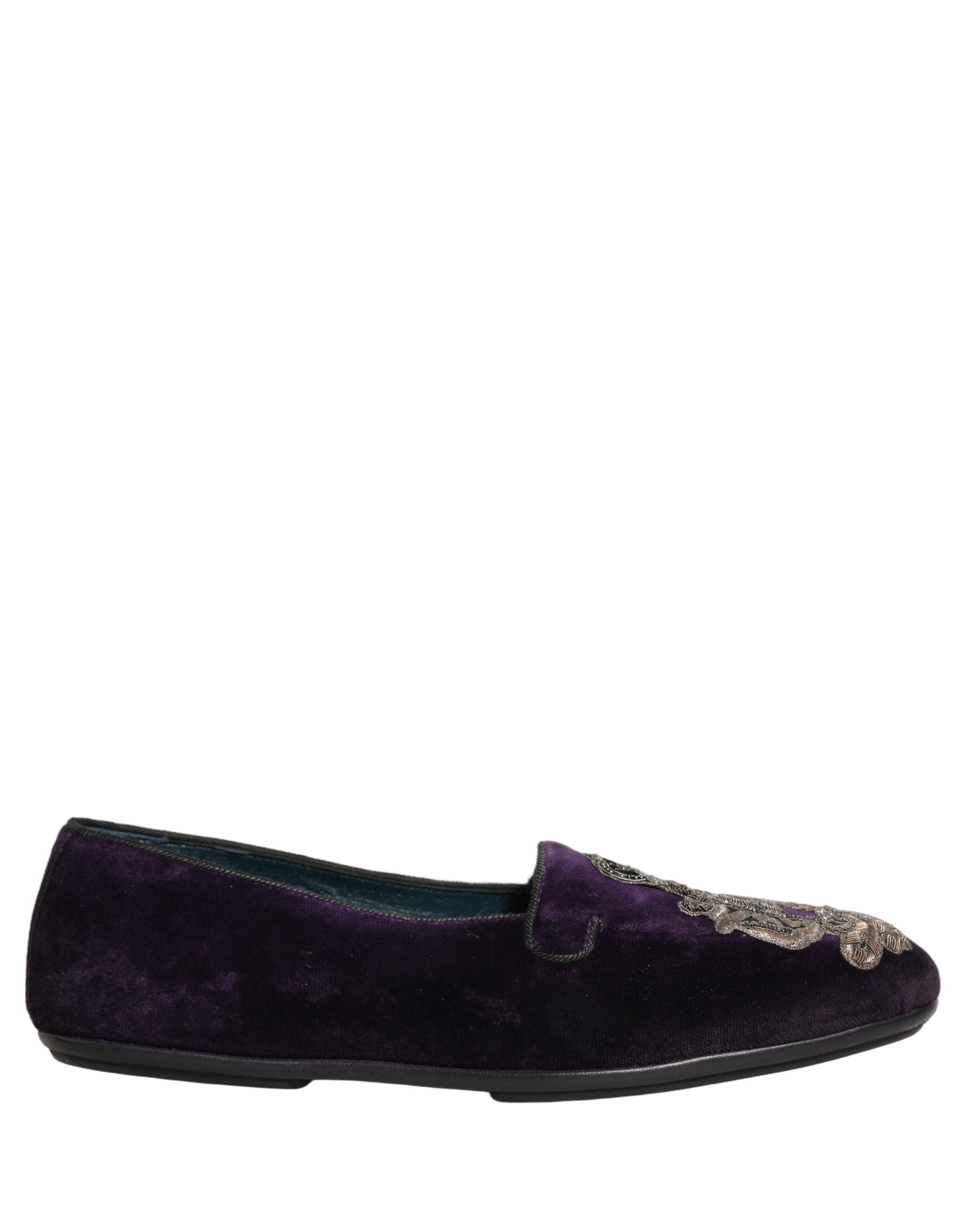 Dolce & Gabbana Purple Velvet Crown Embroidery Loafers - Luxury Elegance
