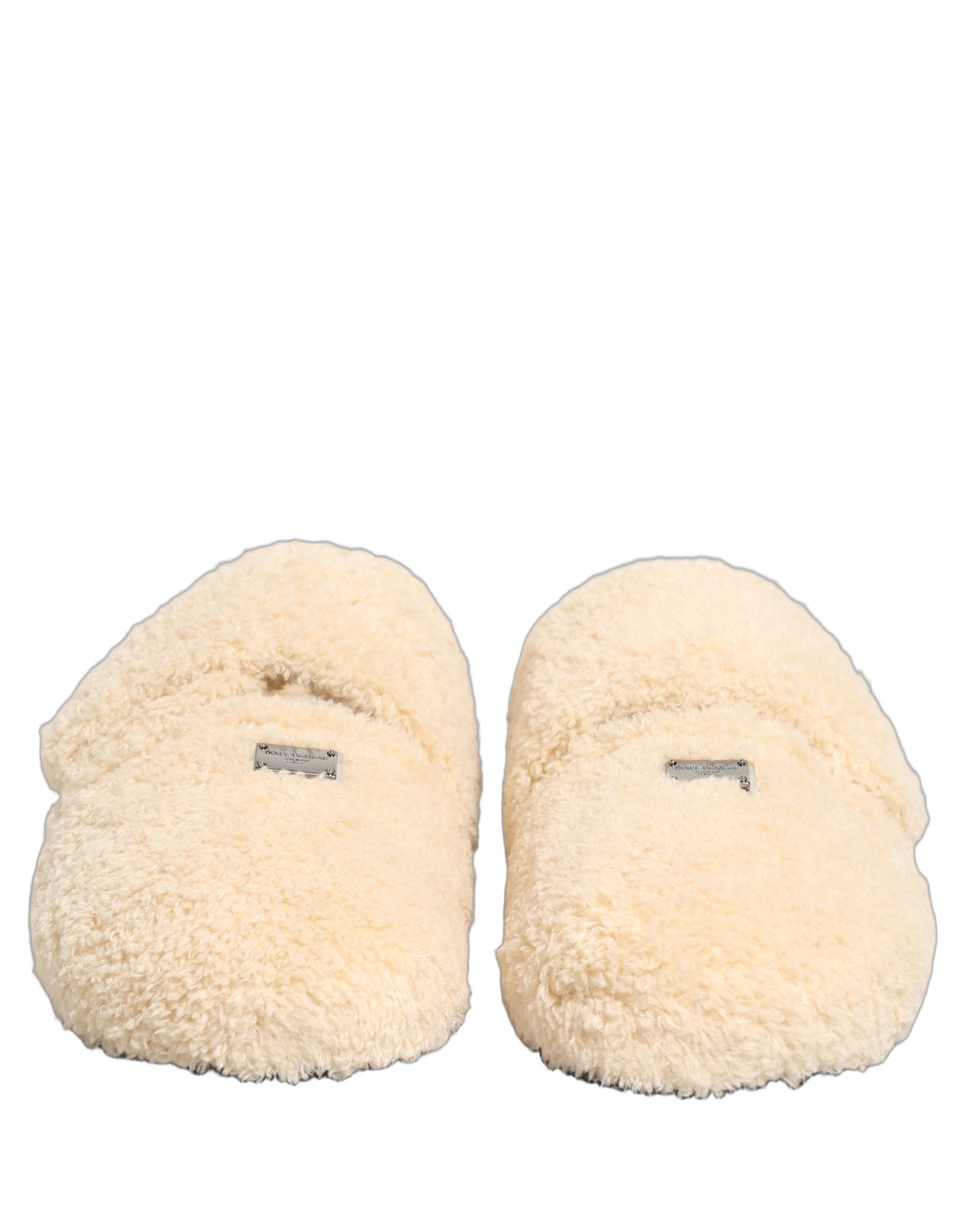 Dolce & Gabbana Beige Faux Fur Flats Sandals - Artisanal Luxury