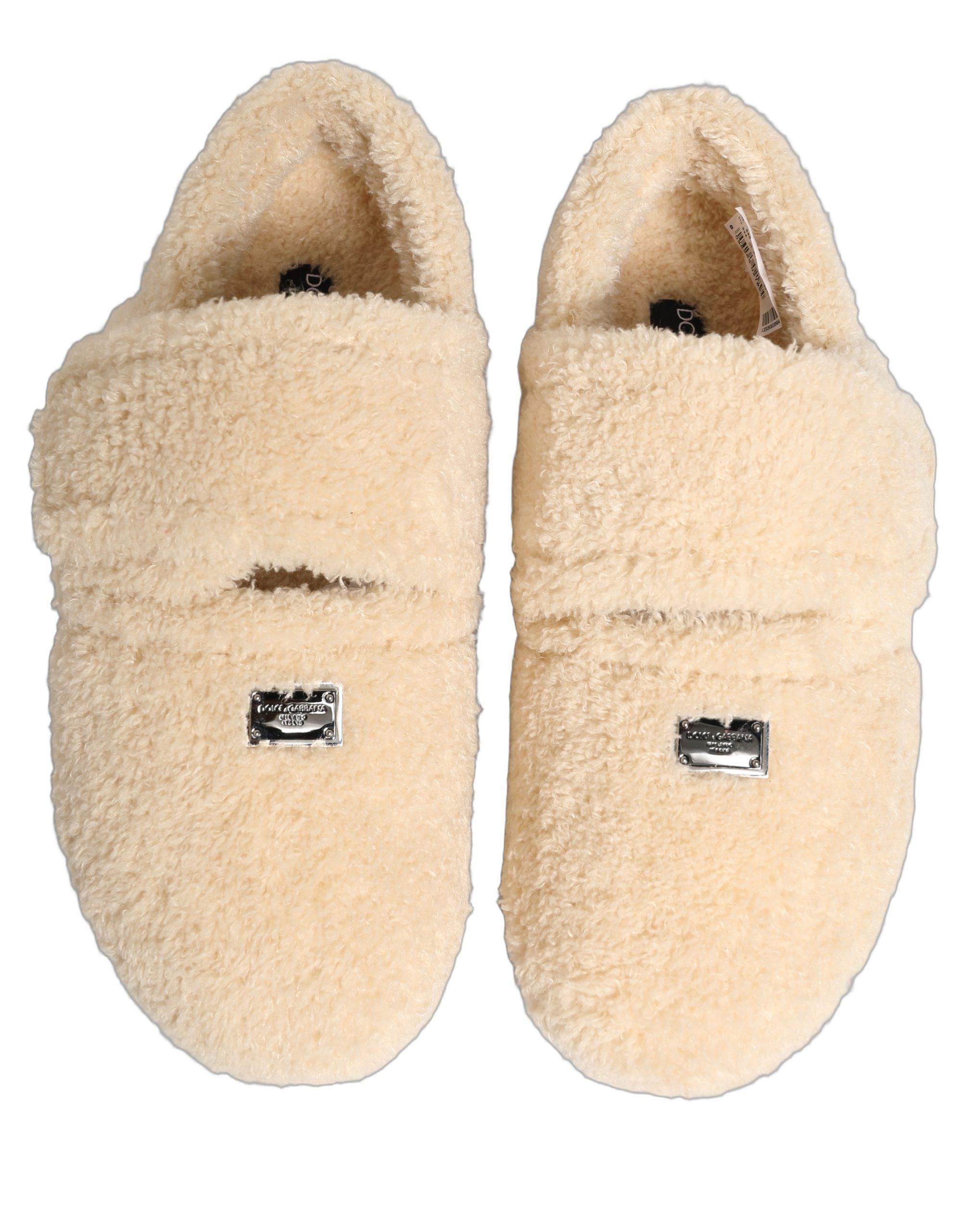 Dolce & Gabbana Beige Faux Fur Flats Sandals - Artisanal Luxury
