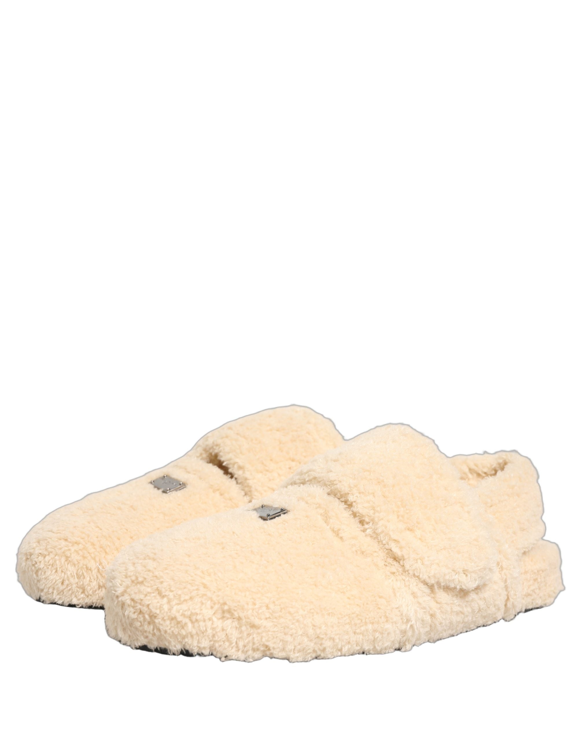 Dolce & Gabbana Beige Faux Fur Flats Sandals - Artisanal Luxury