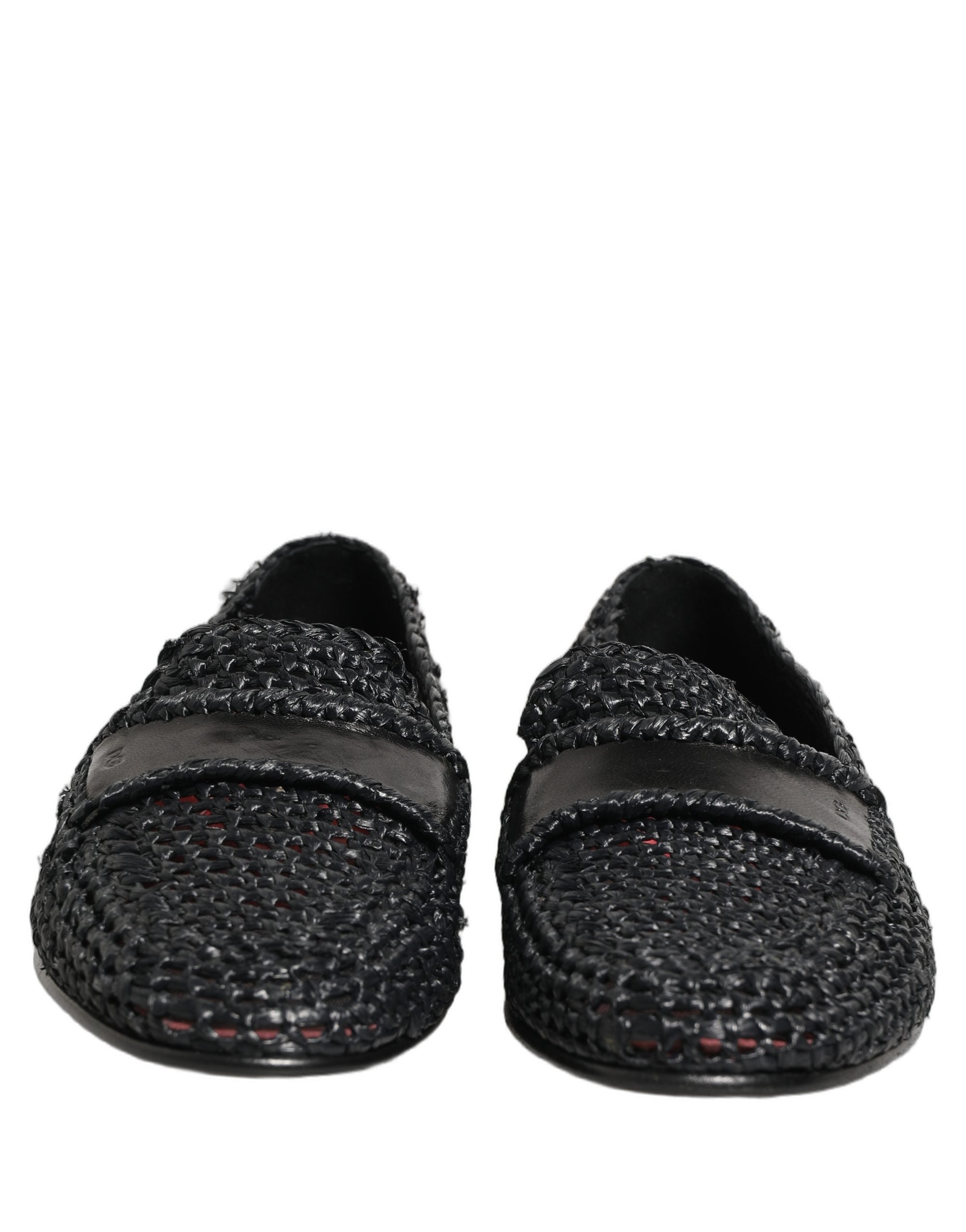 Dolce & Gabbana Black Woven Raffia Slip-On Loafers for Elegance