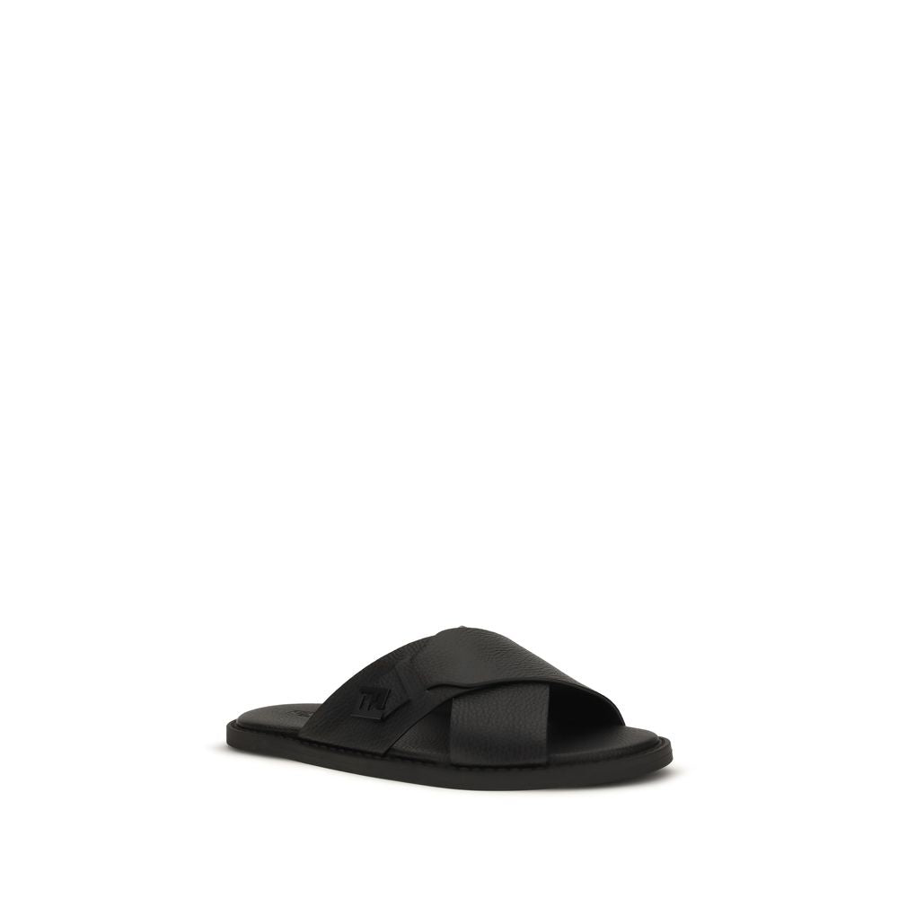 Elevate your style with Fendi's Black Calf Leather Bos Taurus Flat Sandals, where exquisite craftsmanship meets luxurious comfort for the discerning fashion connoisseur.