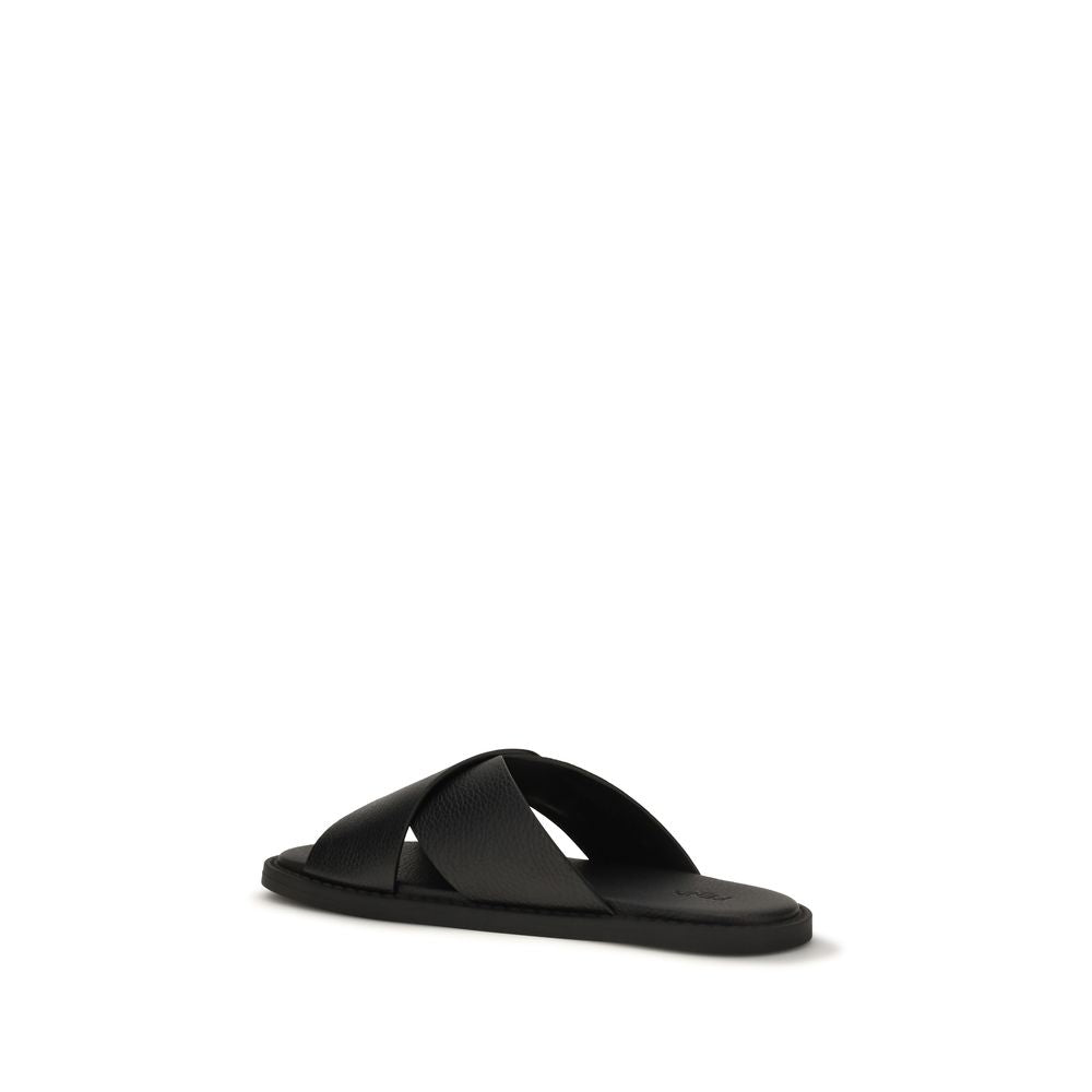 Step into refined elegance with Fendi's Black Calf Leather Bos Taurus Flat Sandals, where sumptuous craftsmanship meets timeless sophistication for the discerning connoisseur.