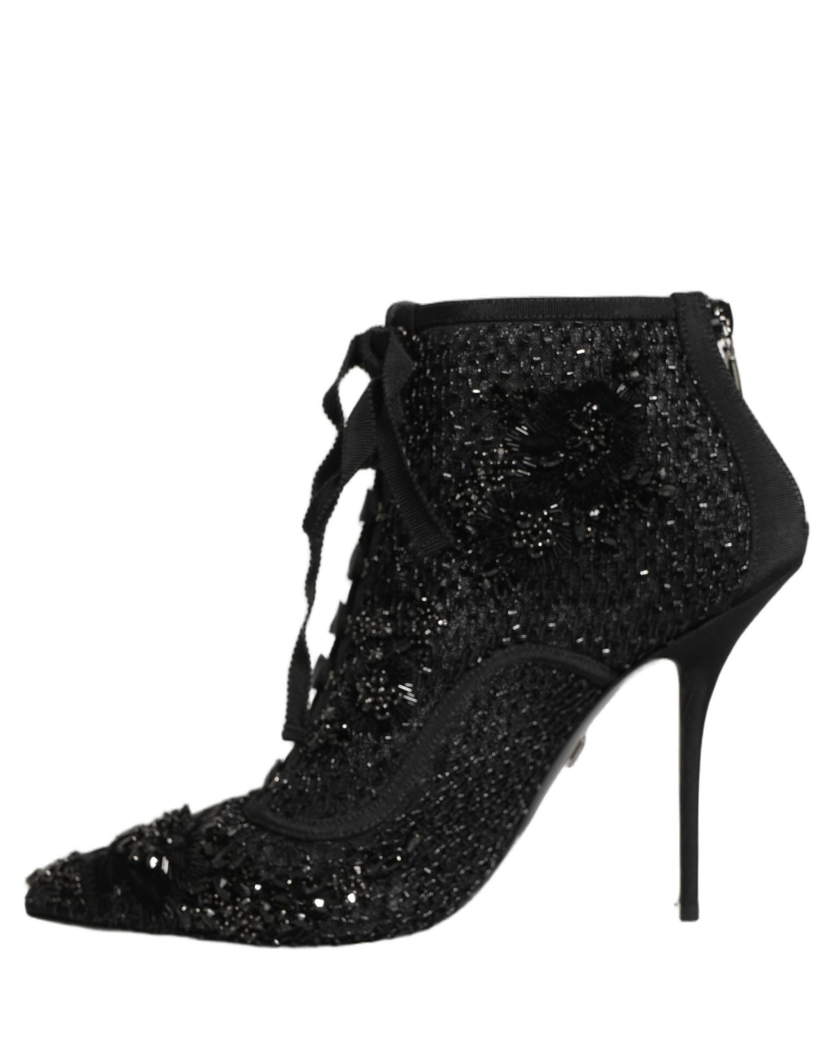 Dolce & Gabbana Black Embellished Mesh Ankle Boots - Couture Luxe