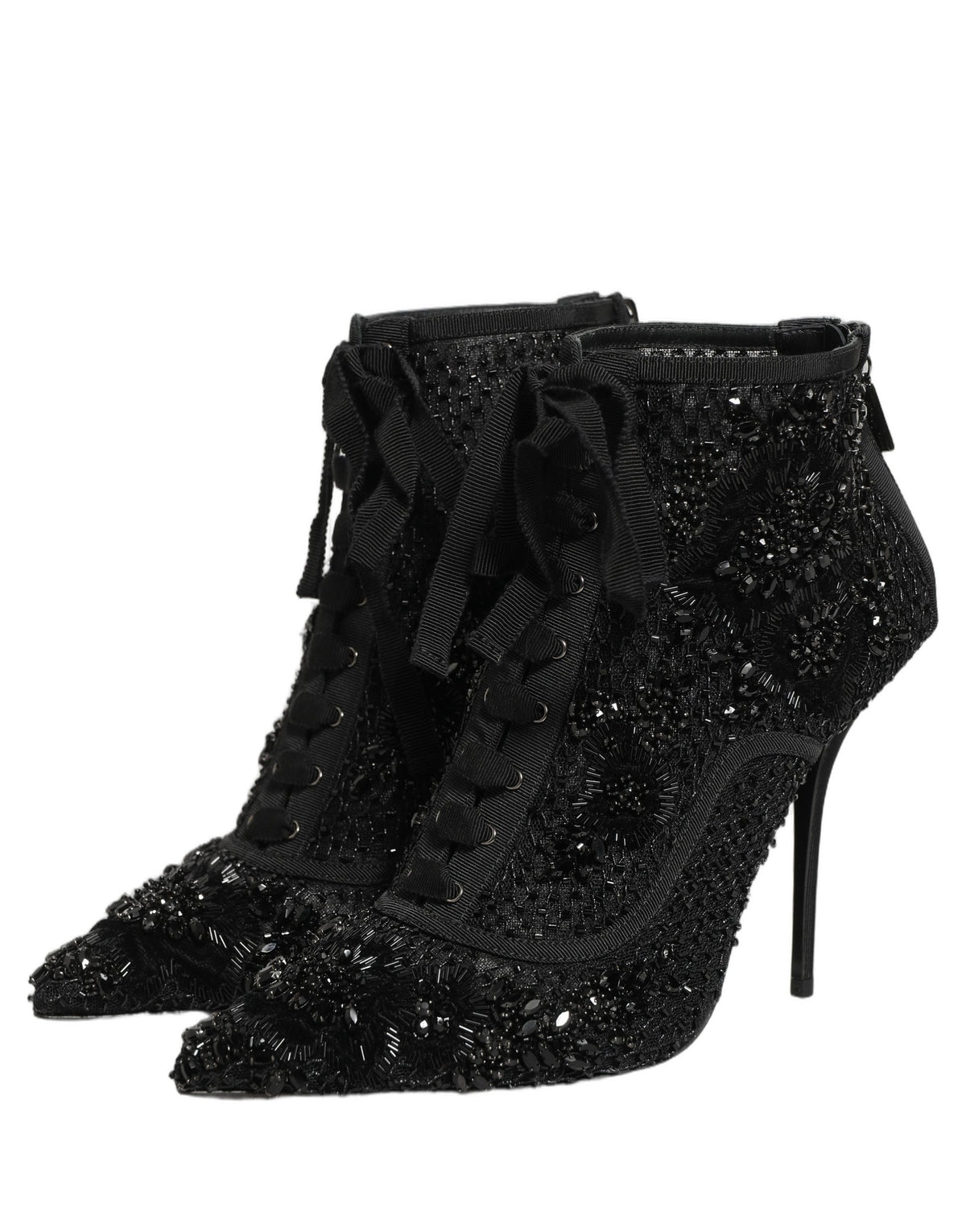 Dolce & Gabbana Black Embellished Mesh Ankle Boots - Couture Luxe