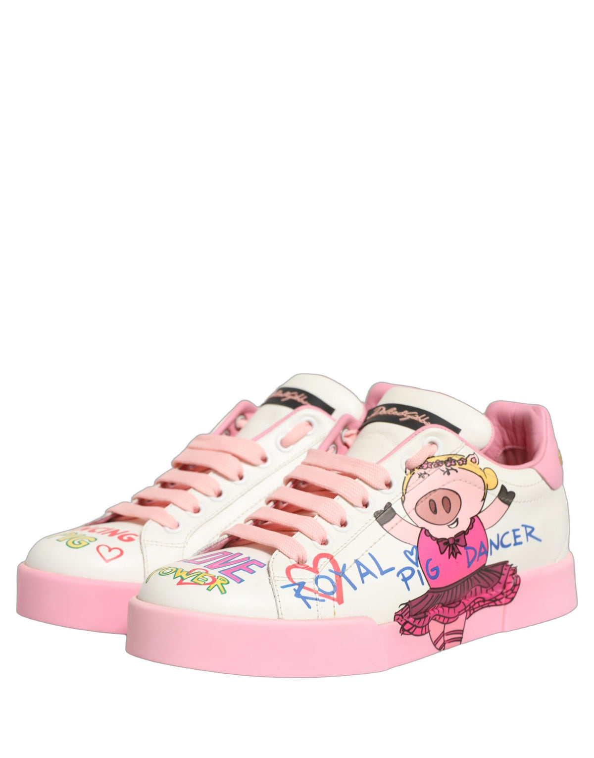 Elevate your style with Dolce & Gabbana's White Pink Portofino Royal Pig Sneakers, crafted from luxurious calf leather, embodying sophistication and Italian artistry.