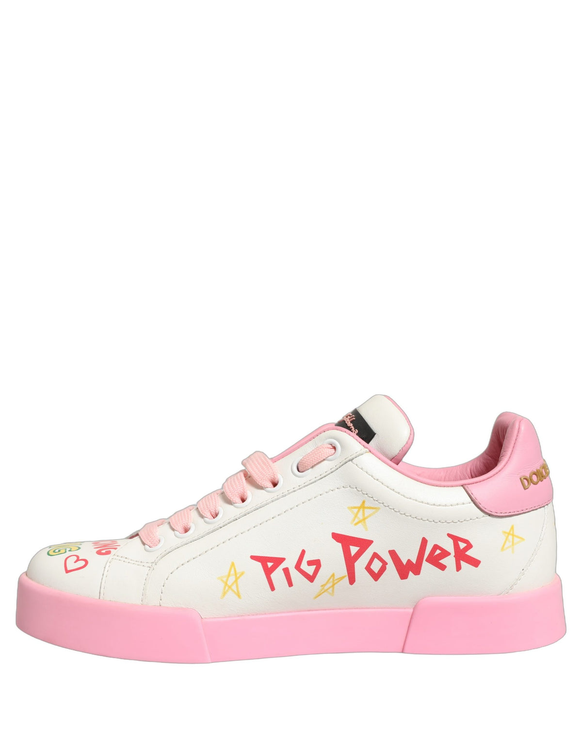 Step into a realm of elegance with Dolce & Gabbana's White Pink Portofino Royal Pig Sneakers, crafted from exquisite calf leather, embodying luxury and artistry for the discerning individual.