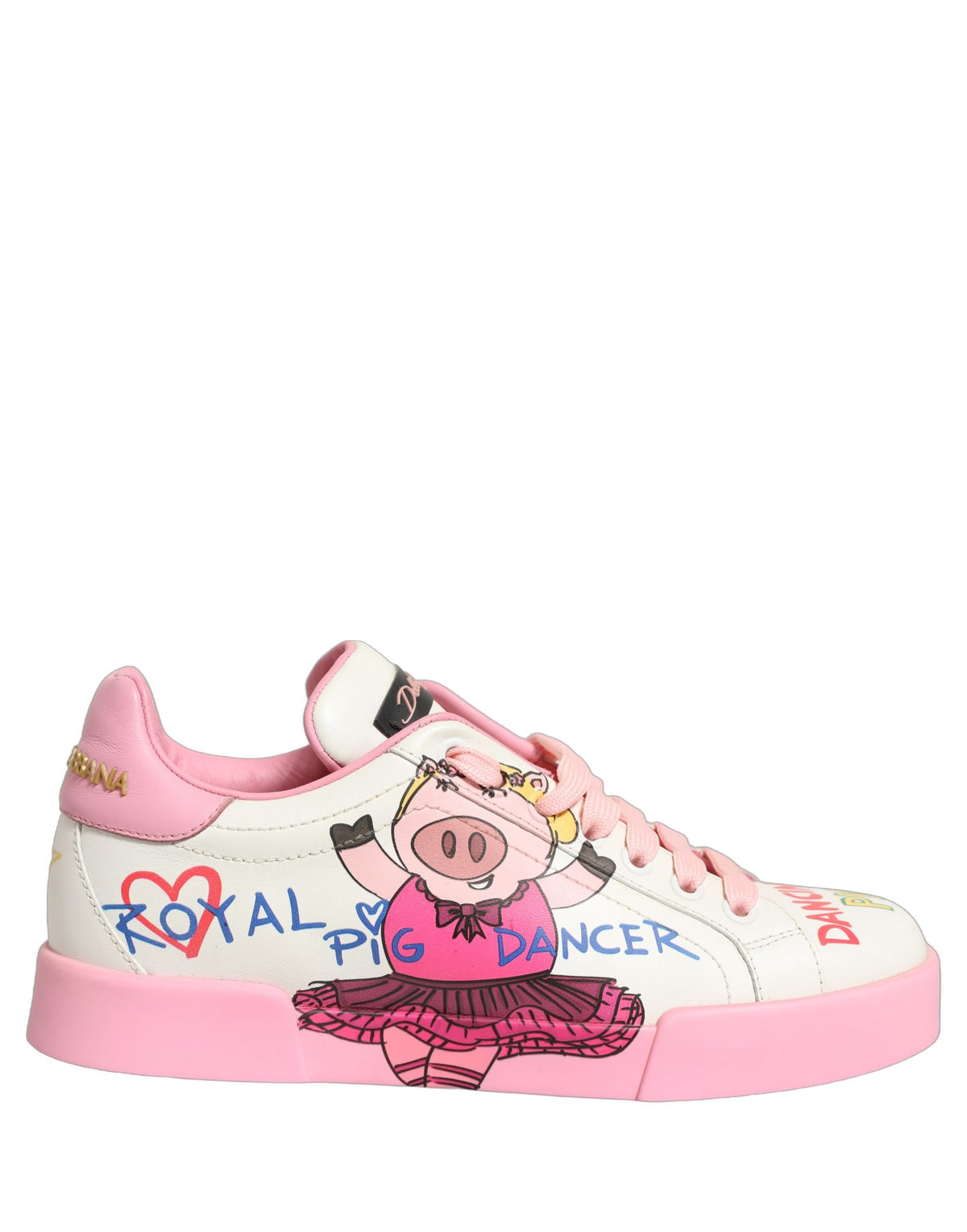 Elevate your style with Dolce & Gabbana's White Pink Portofino Royal Pig Sneakers, crafted from luxurious calf leather, embodying sophistication and Italian artistry.