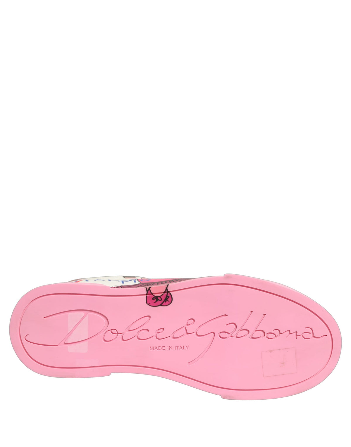 Step into the realm of luxury with Dolce & Gabbana's White Pink Portofino Royal Pig Sneakers, where exquisite calf leather and playful artistry redefine elegance.